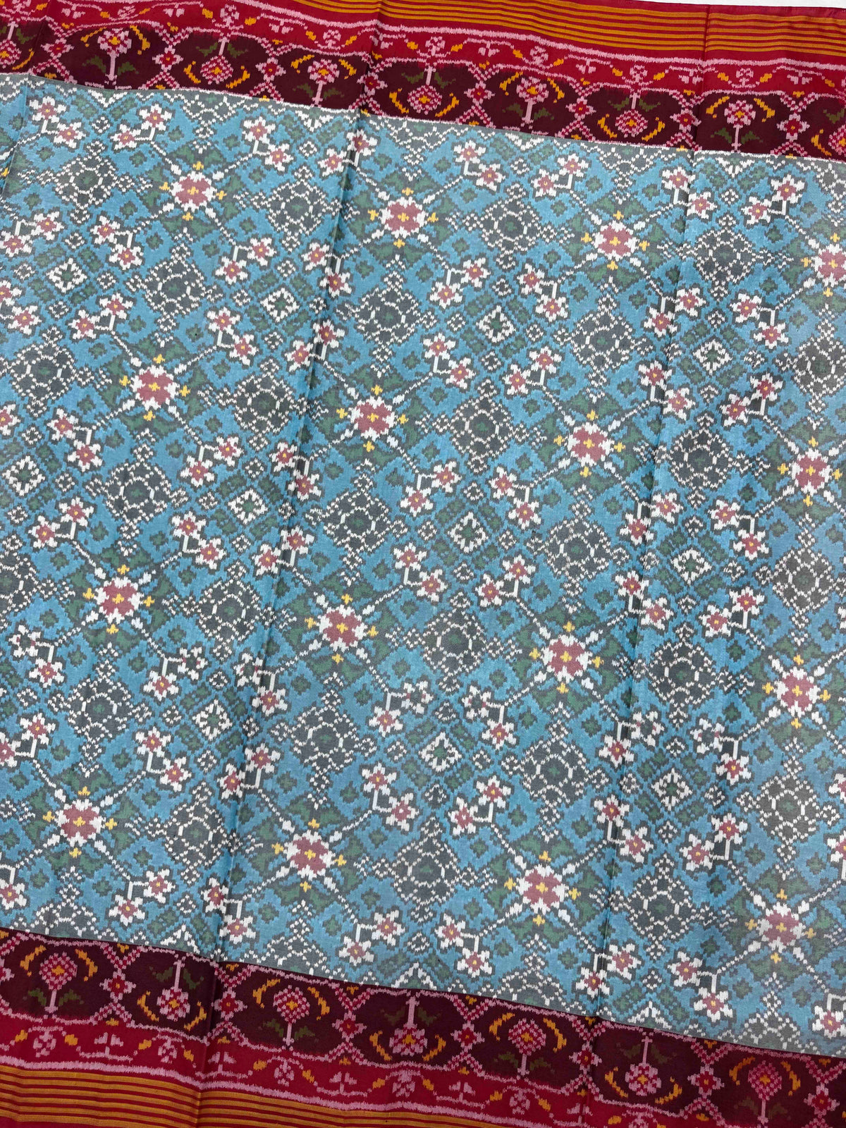 Red & Sky Blue Navratan Single Ikat Patan Patola Saree