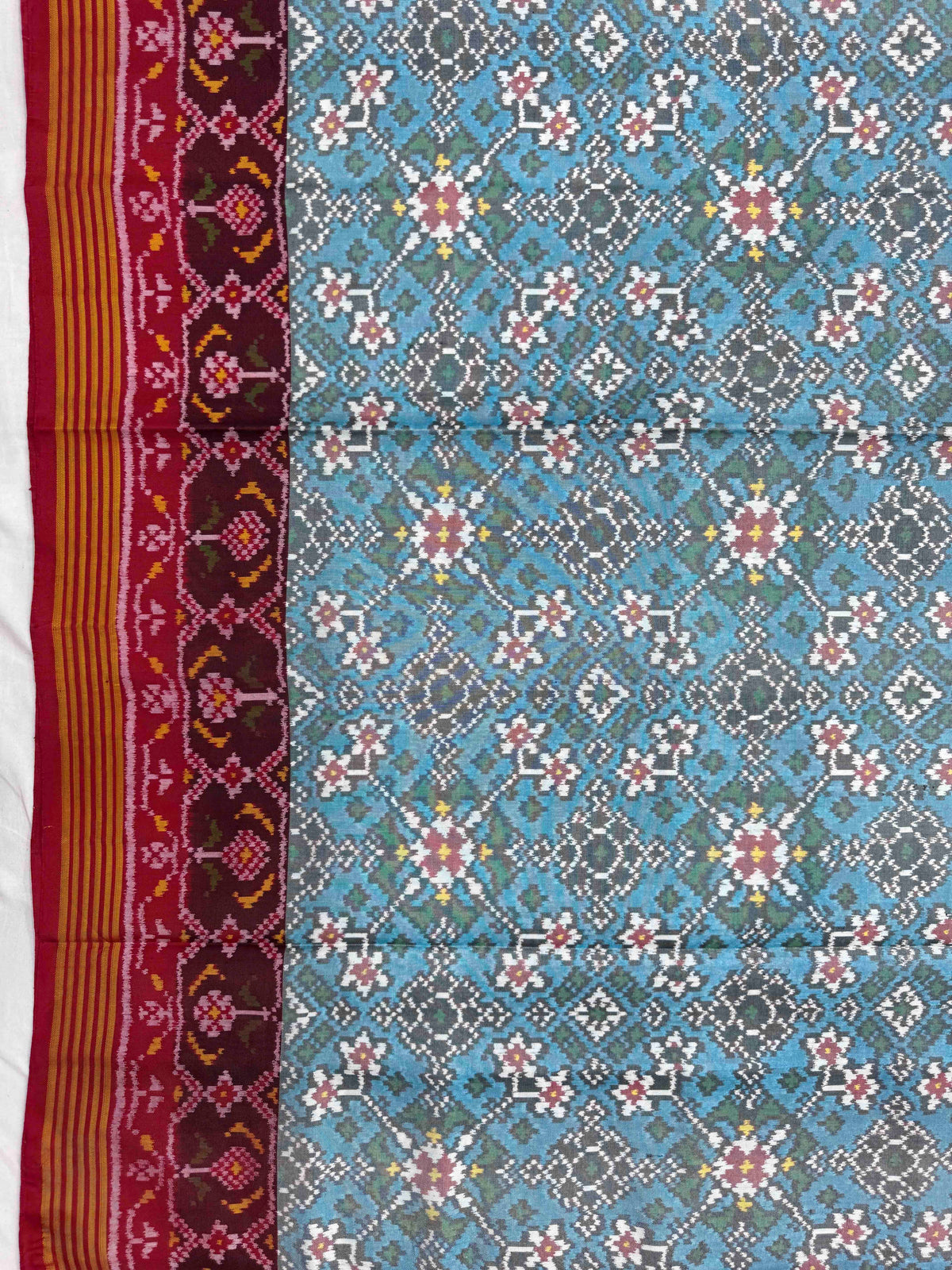 Red & Sky Blue Navratan Single Ikat Patan Patola Saree