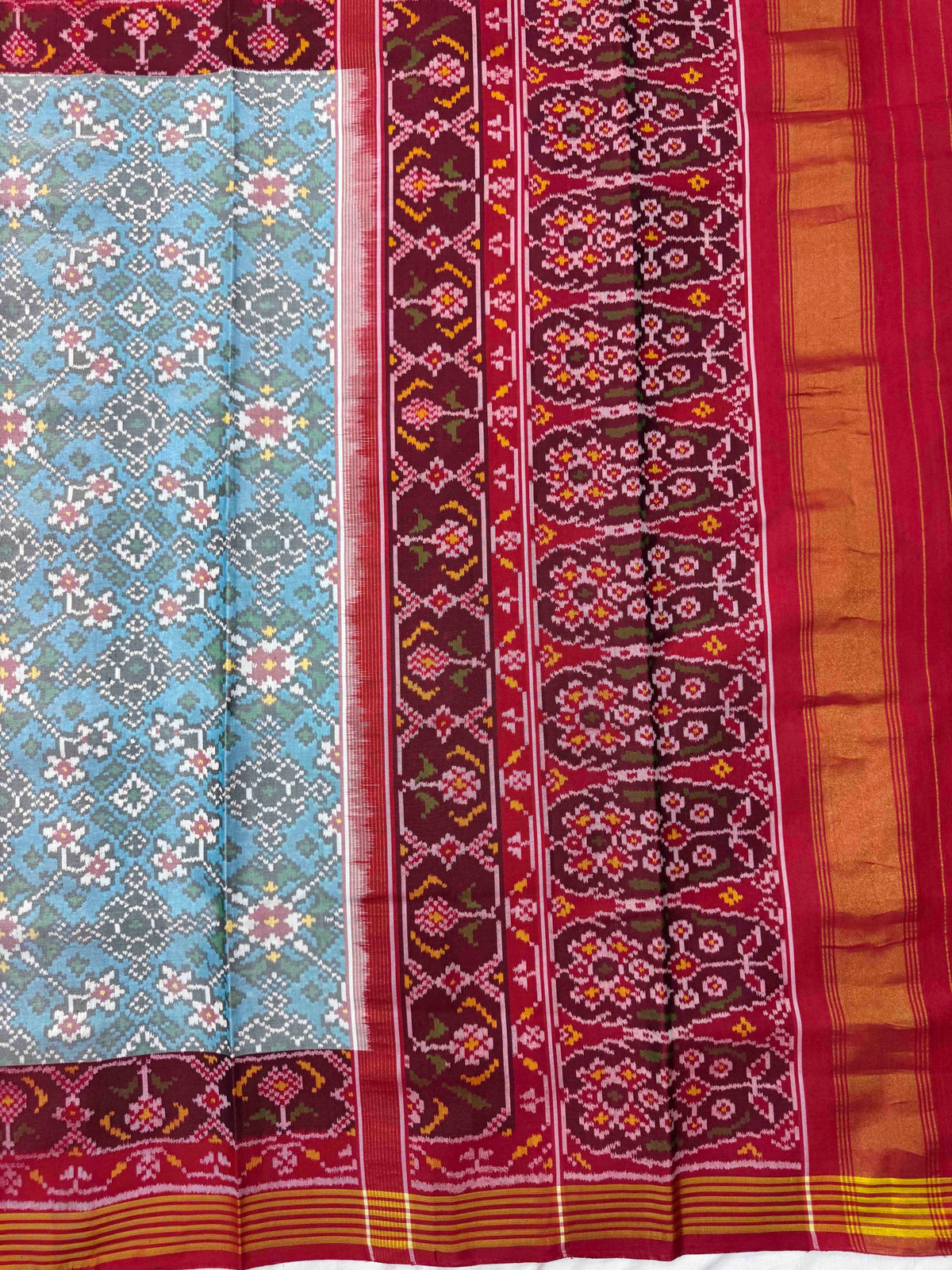 Red & Sky Blue Navratan Single Ikat Patan Patola Saree