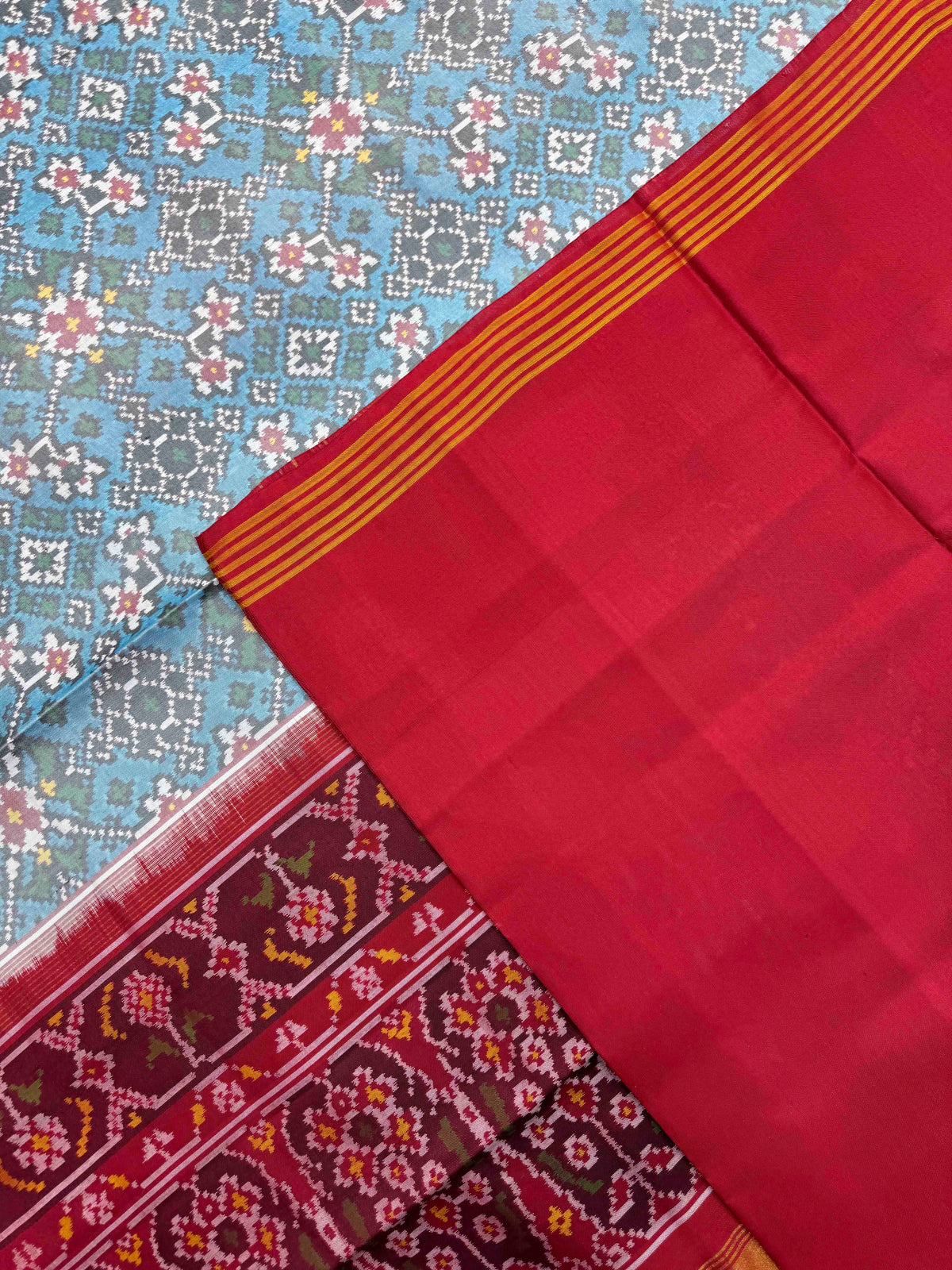 Red & Sky Blue Navratan Single Ikat Patan Patola Saree