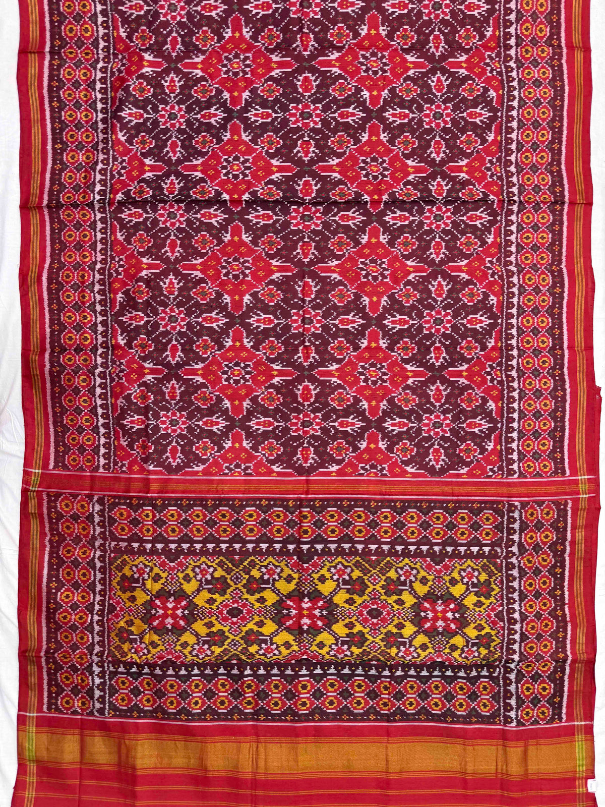 Red & Maroon Chhabdi with Yellow Navratan Pallu Single Ikat Patan Patola Saree