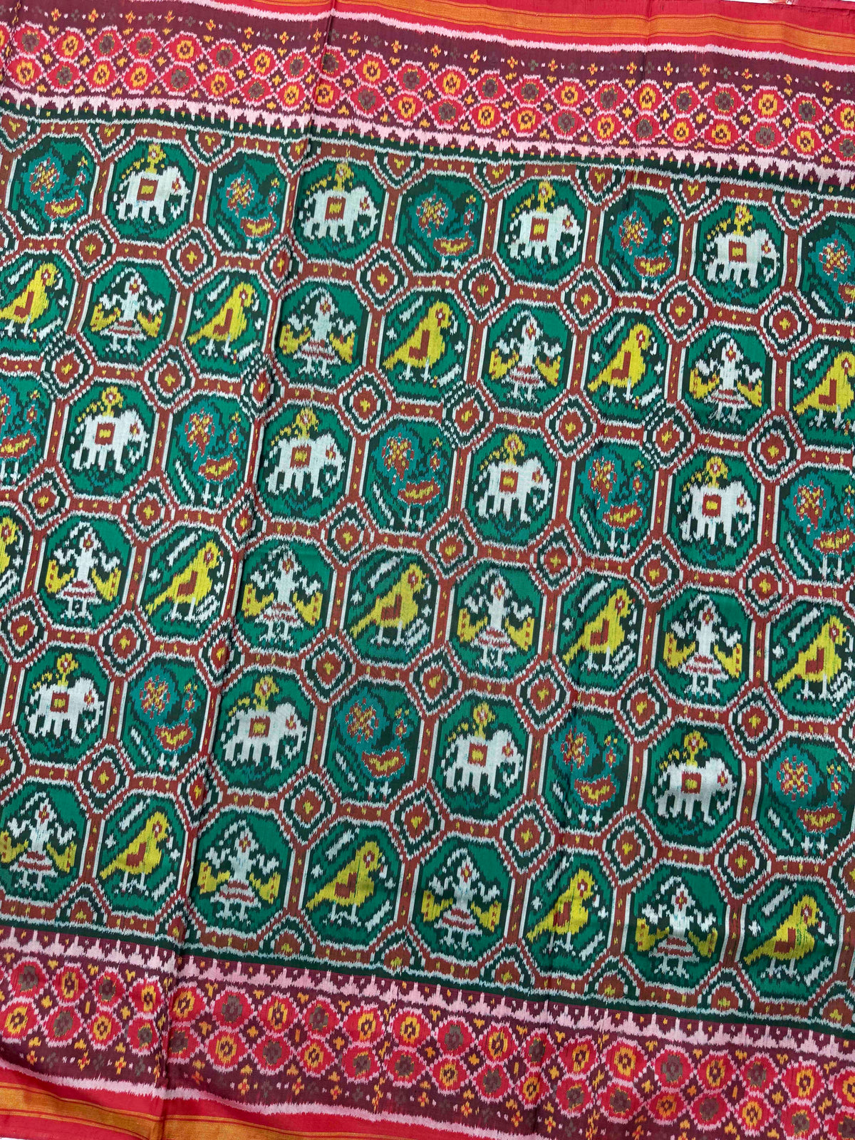 Red & Turquoise Small Narikunj with Red Navratan Pallu Single Ikat Patan Patola Saree