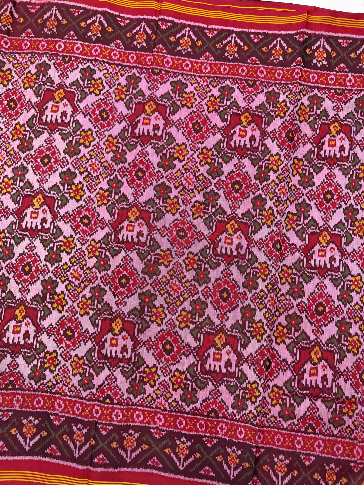 Red & Light Pink Navratan Elephant Mix Single Ikat Patan Patola Saree