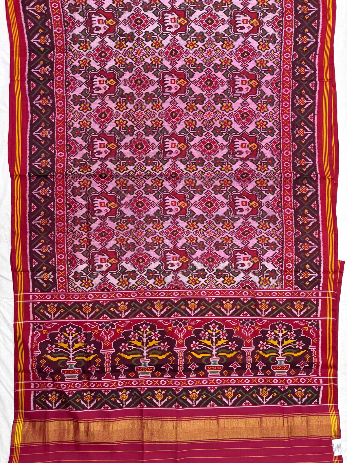 Red & Light Pink Navratan Elephant Mix Single Ikat Patan Patola Saree