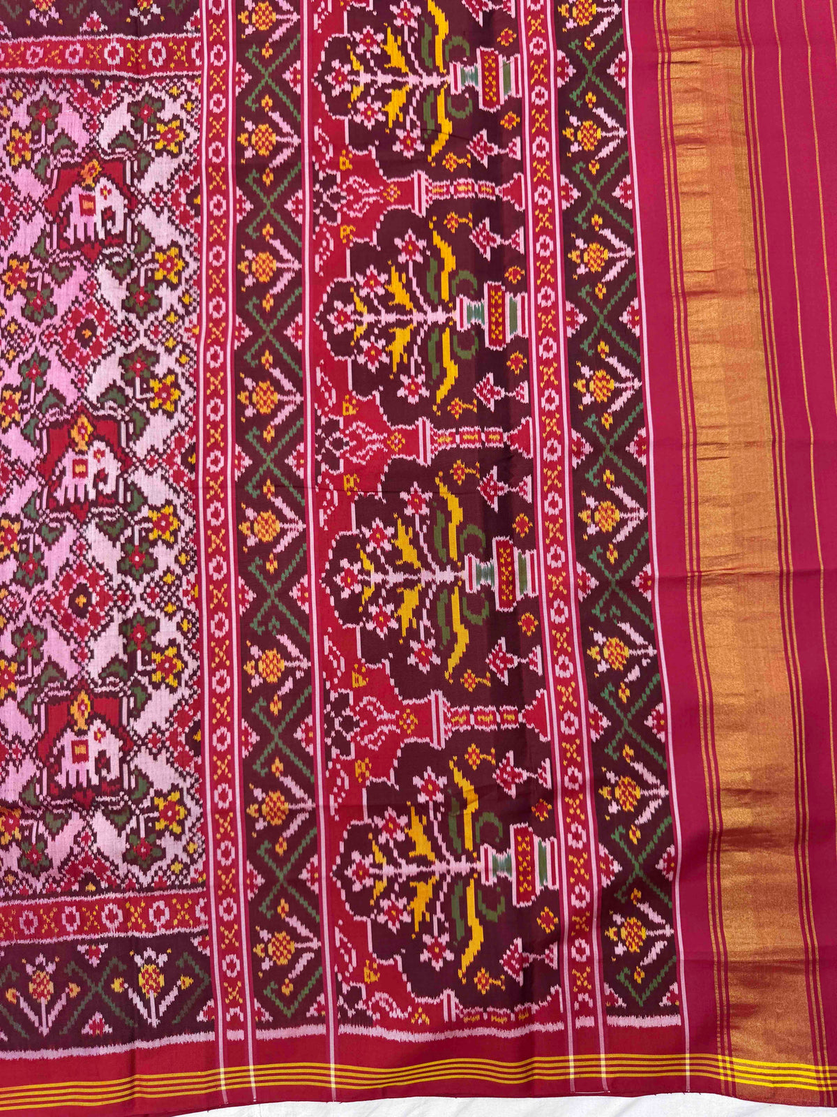 Red & Light Pink Navratan Elephant Mix Single Ikat Patan Patola Saree
