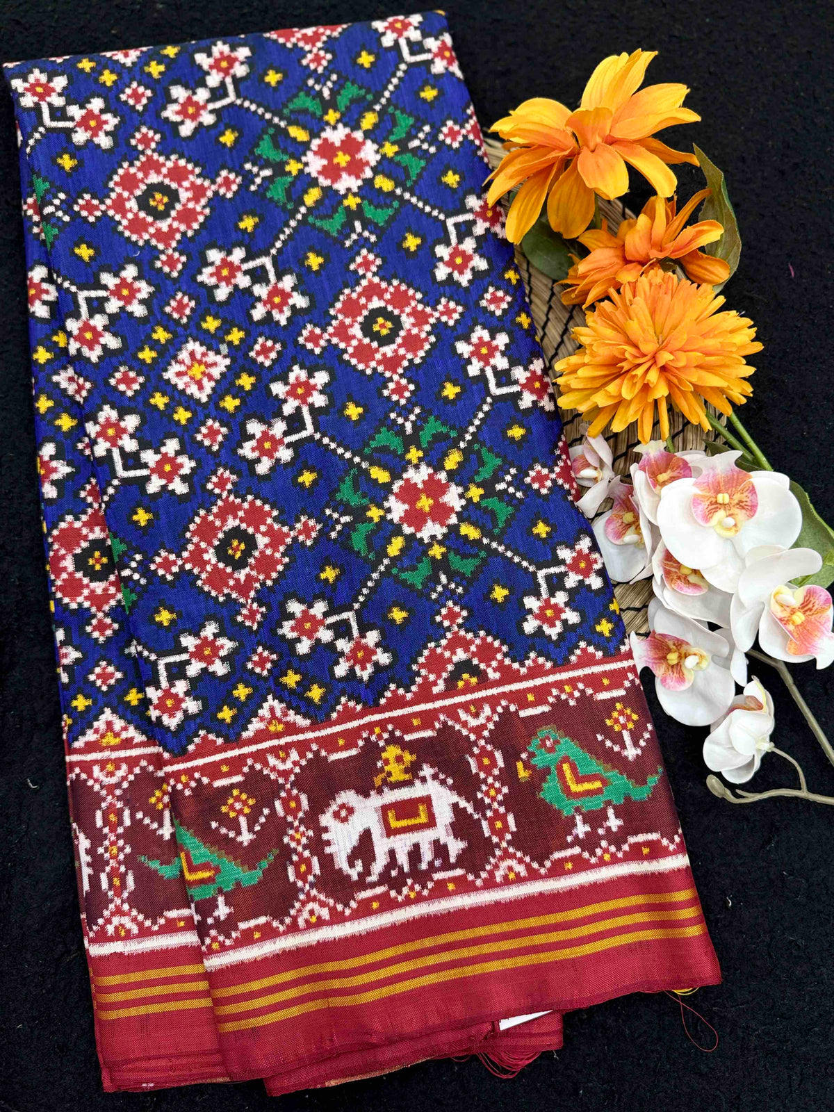 Red & Blue Navratan Double Ikat Patan Patola Saree