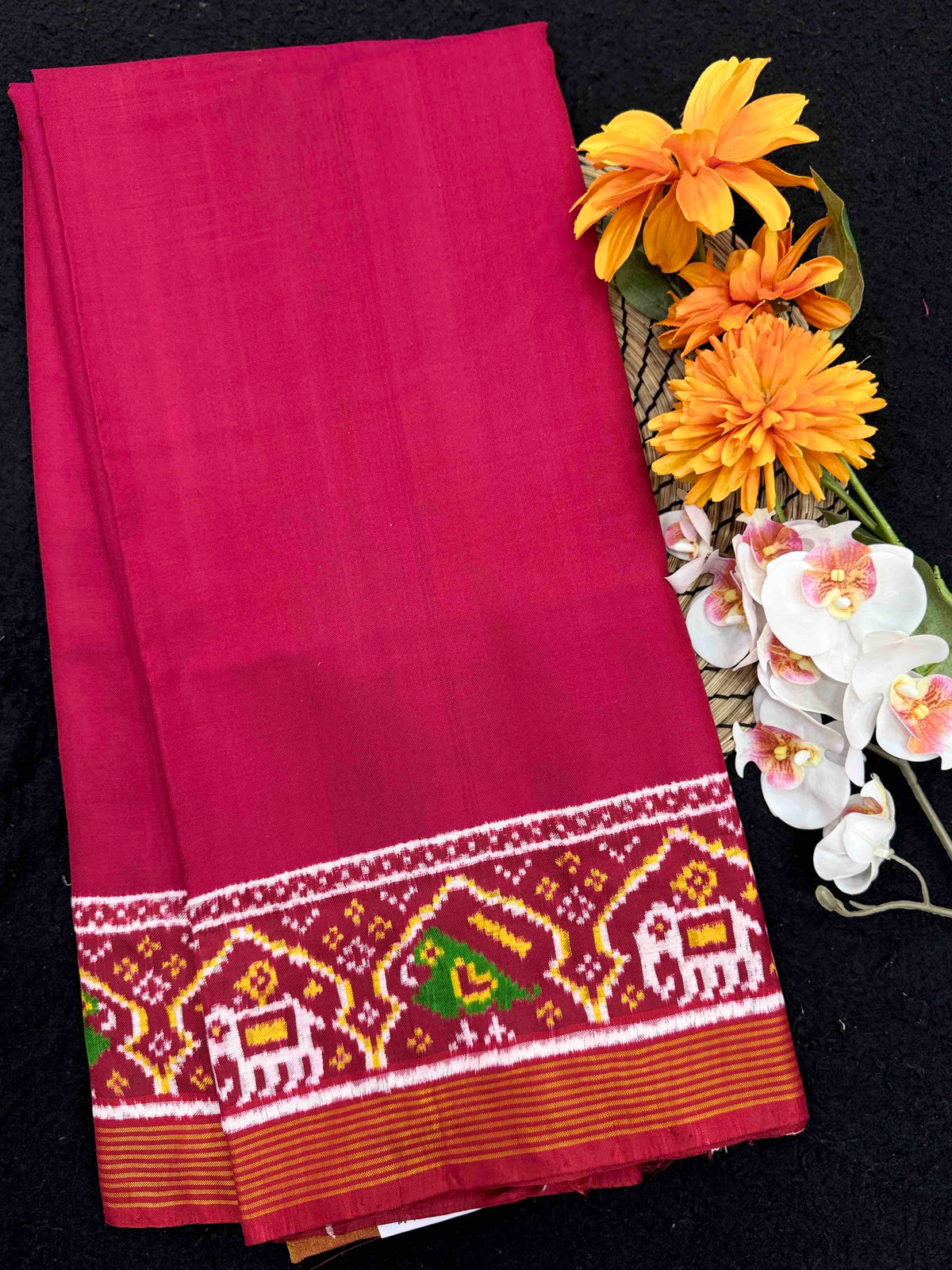 Red & Dark Pink Plain Double Ikat Patan Patola Saree