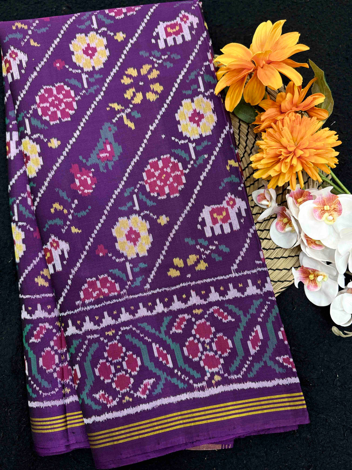 Purple Haathi Popat Fancy Flower Leheriya Single Ikat Patan Patola Saree