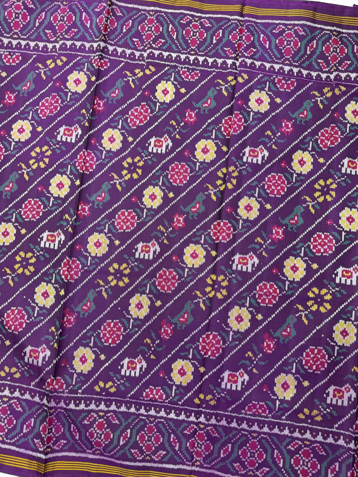 Purple Haathi Popat Fancy Flower Leheriya Single Ikat Patan Patola Saree