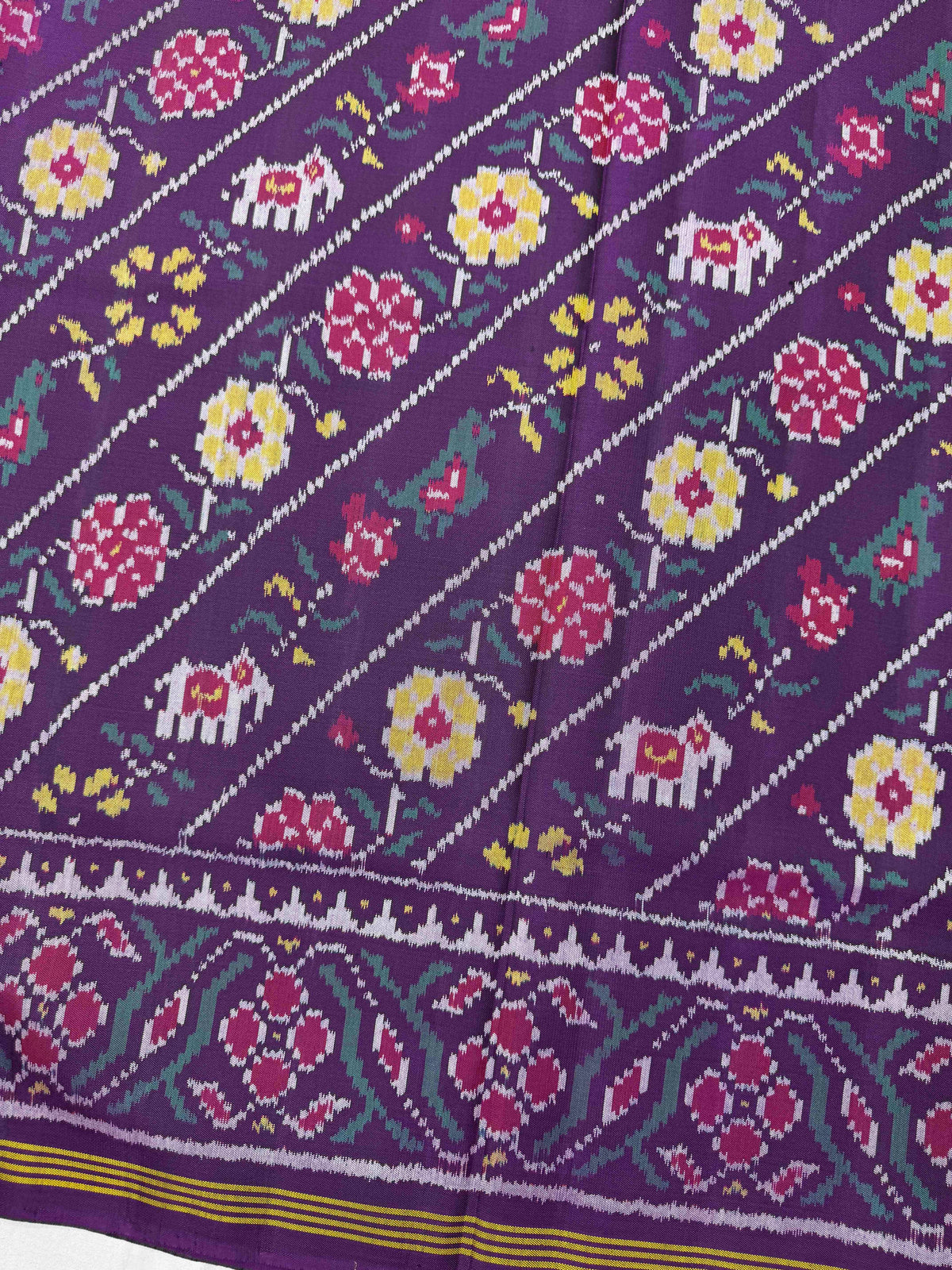 Purple Haathi Popat Fancy Flower Leheriya Single Ikat Patan Patola Saree