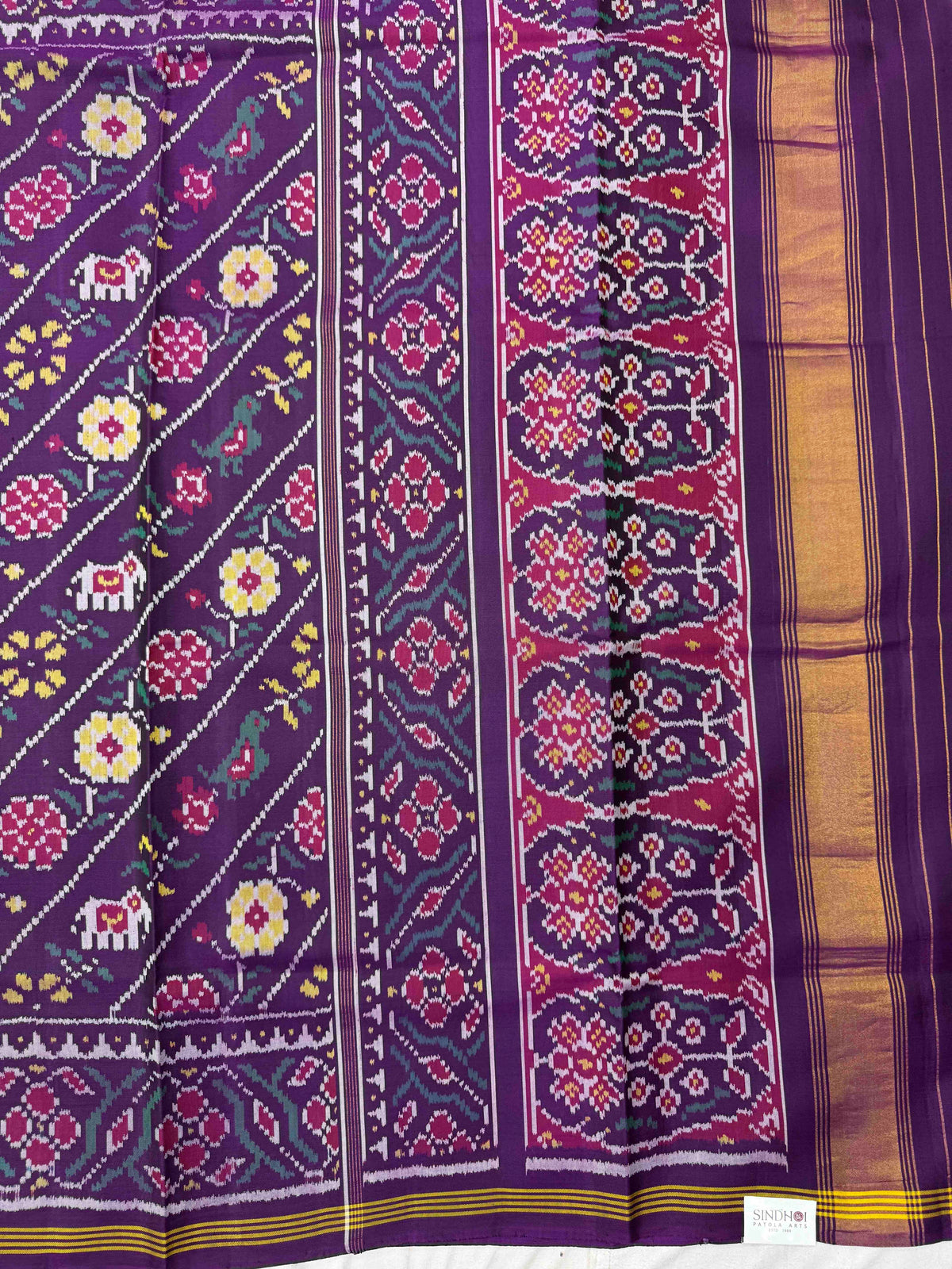Purple Haathi Popat Fancy Flower Leheriya Single Ikat Patan Patola Saree
