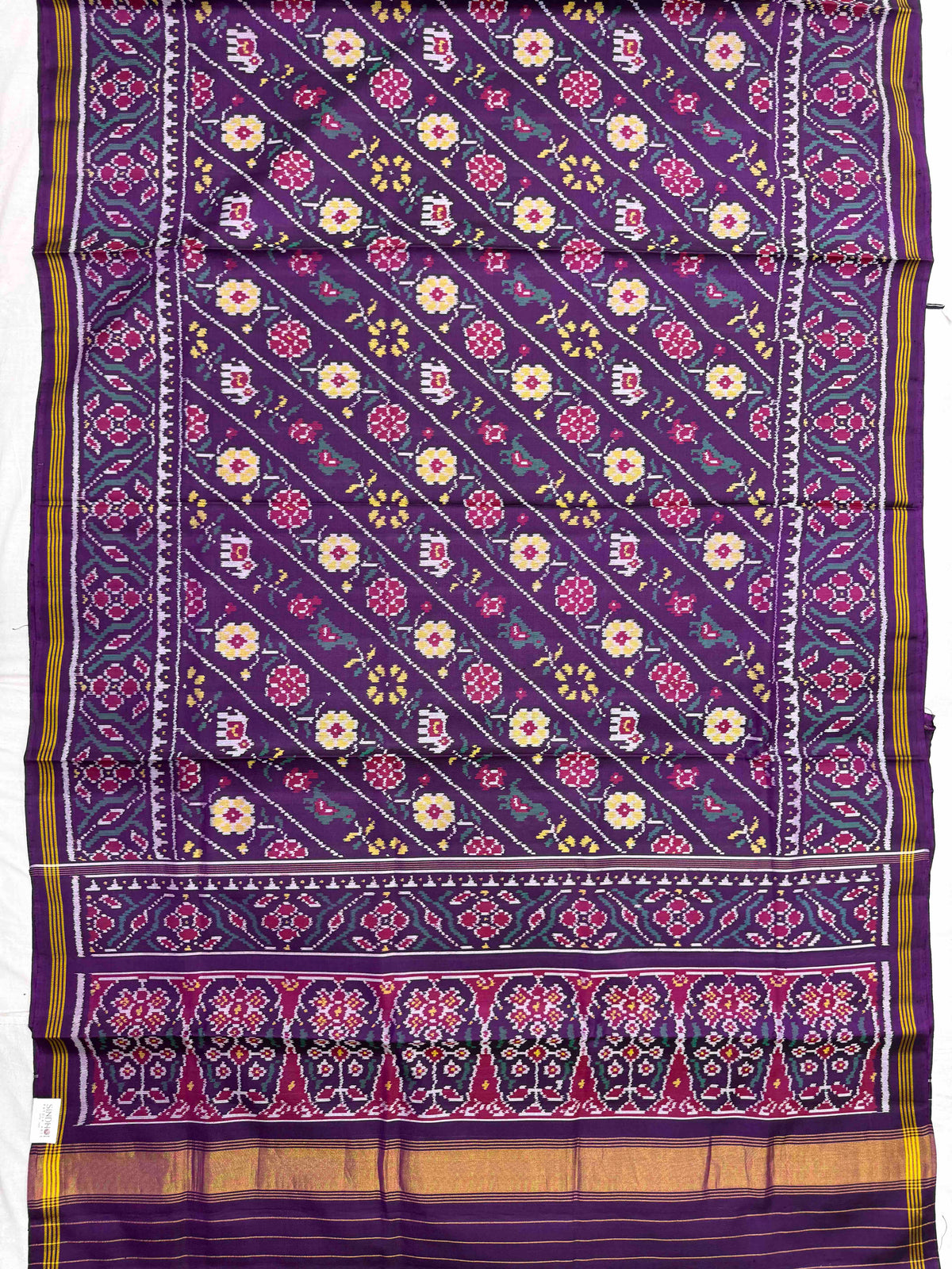 Purple Haathi Popat Fancy Flower Leheriya Single Ikat Patan Patola Saree