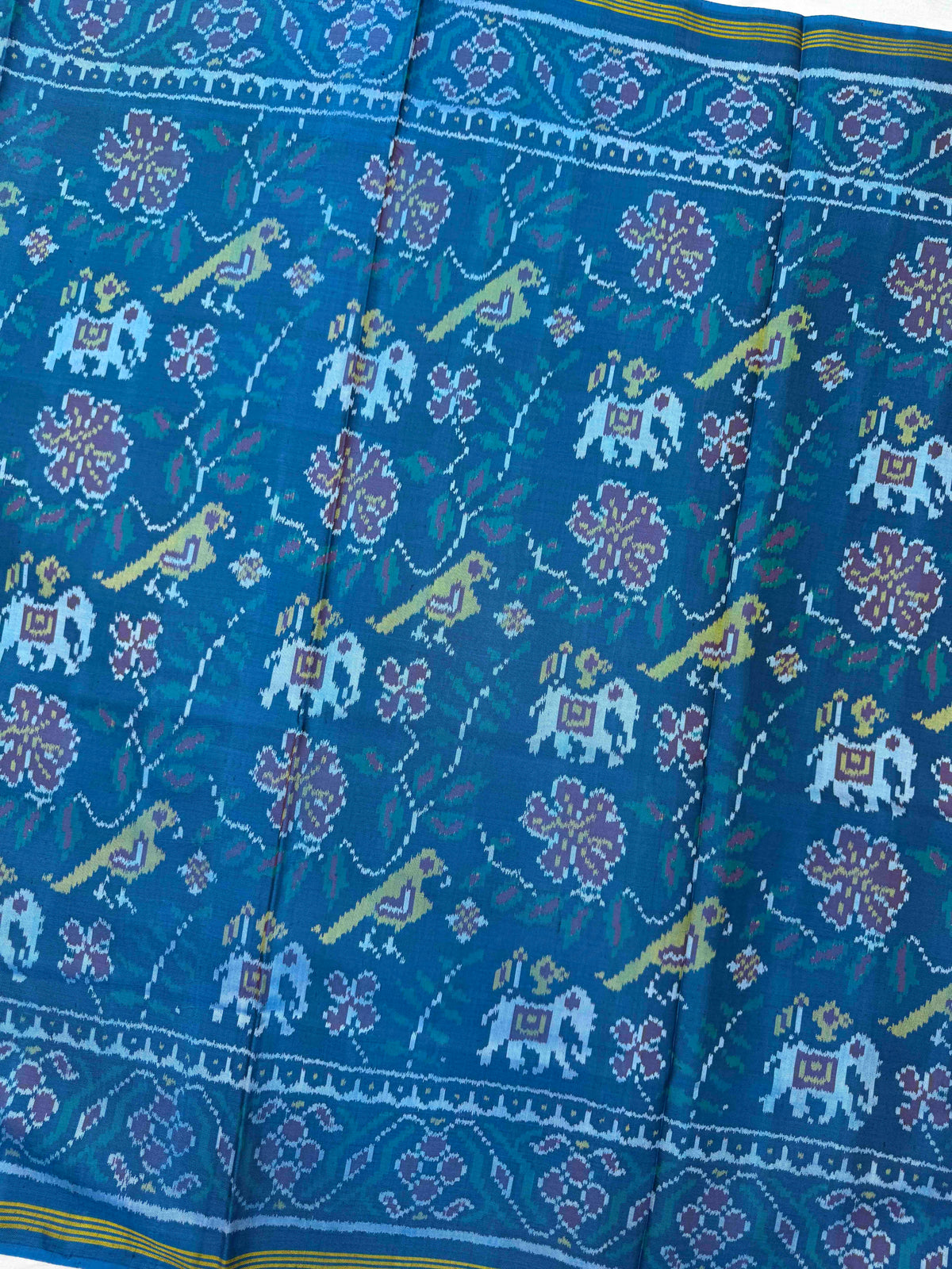 Turquoise Blue Fancy Narikunj Leaves Single Ikat Patan Patola Saree