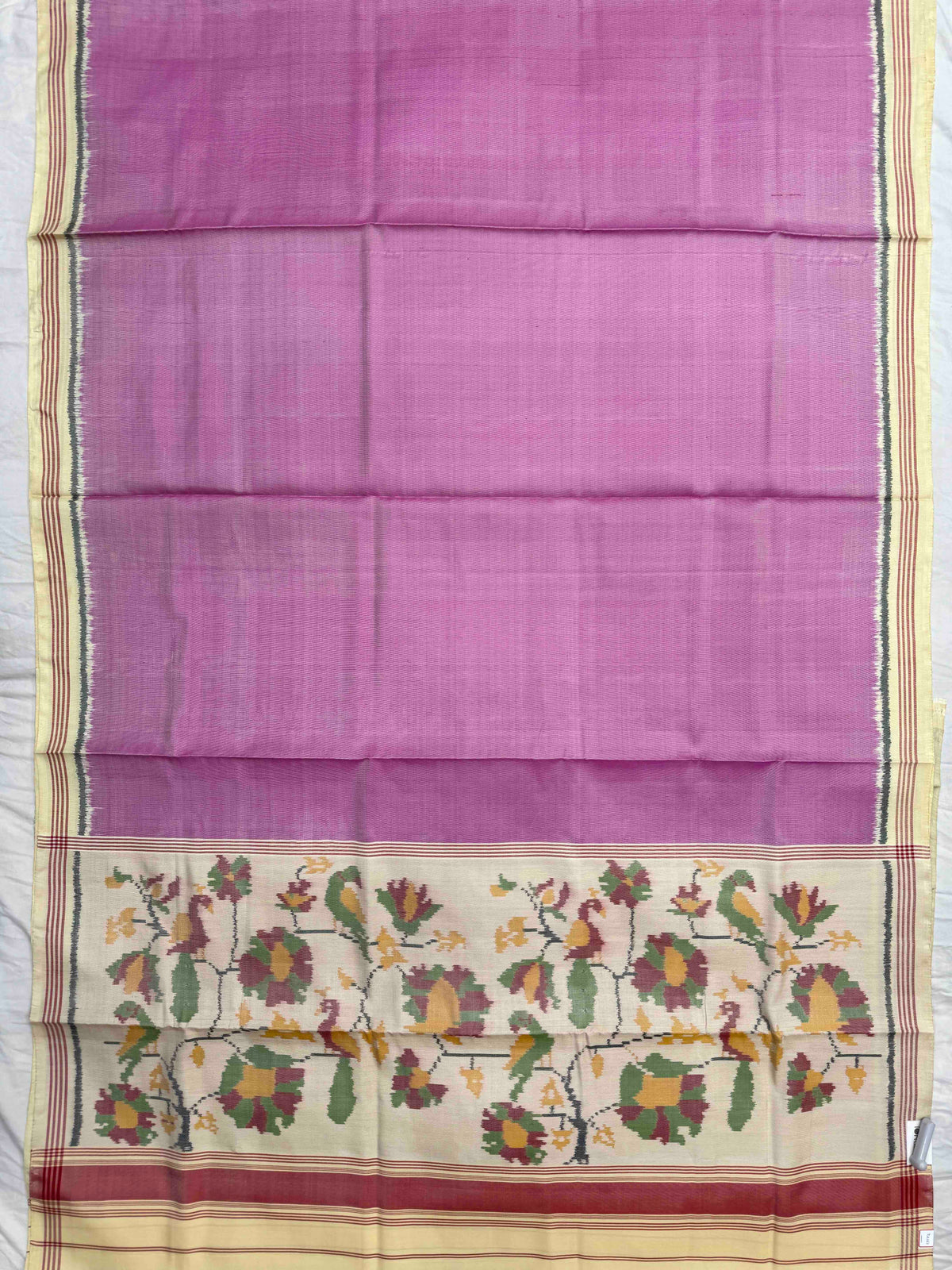 Off White & Pink Plain Single Ikat Patan Patola Saree