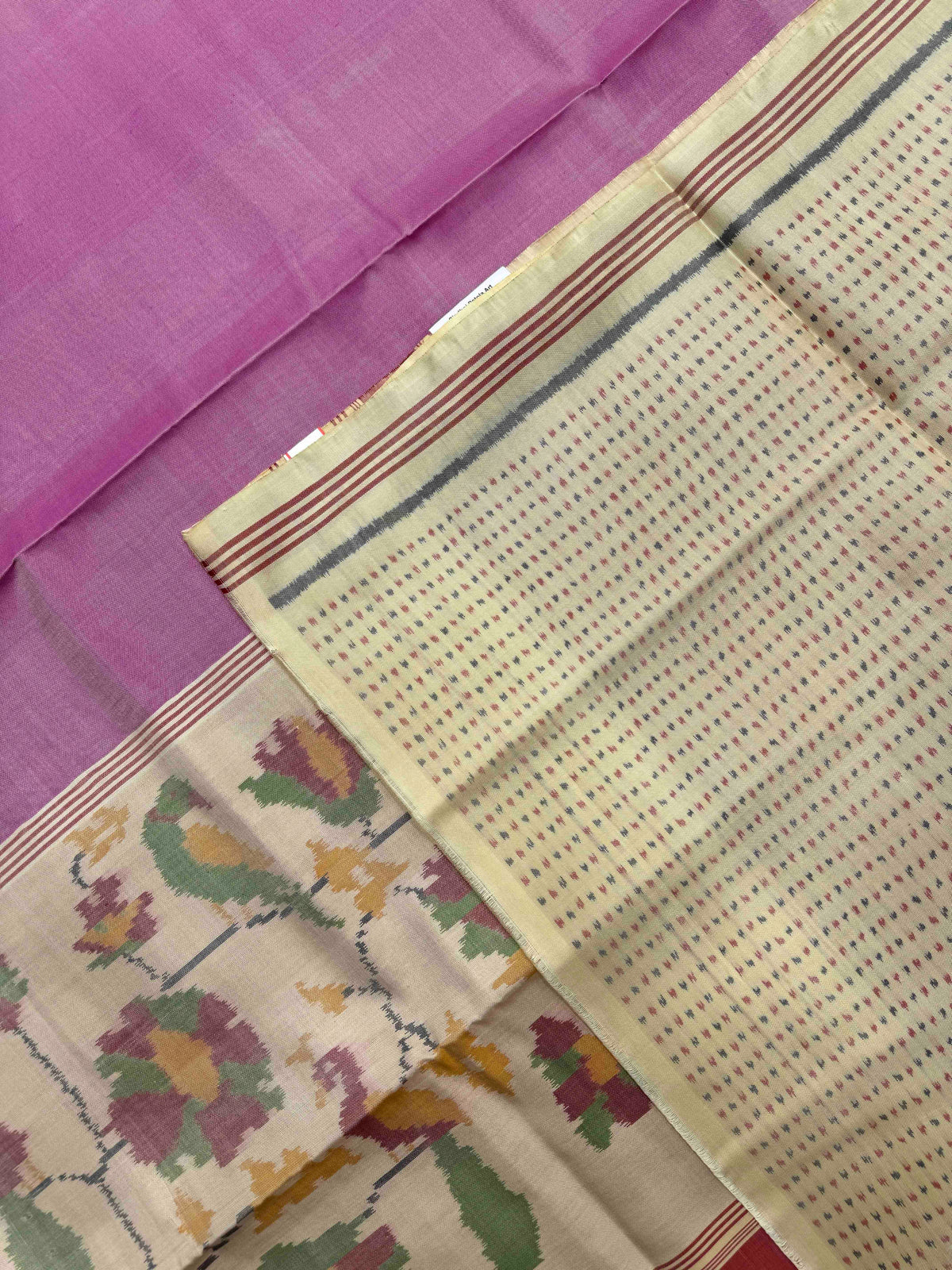 Off White & Pink Plain Single Ikat Patan Patola Saree