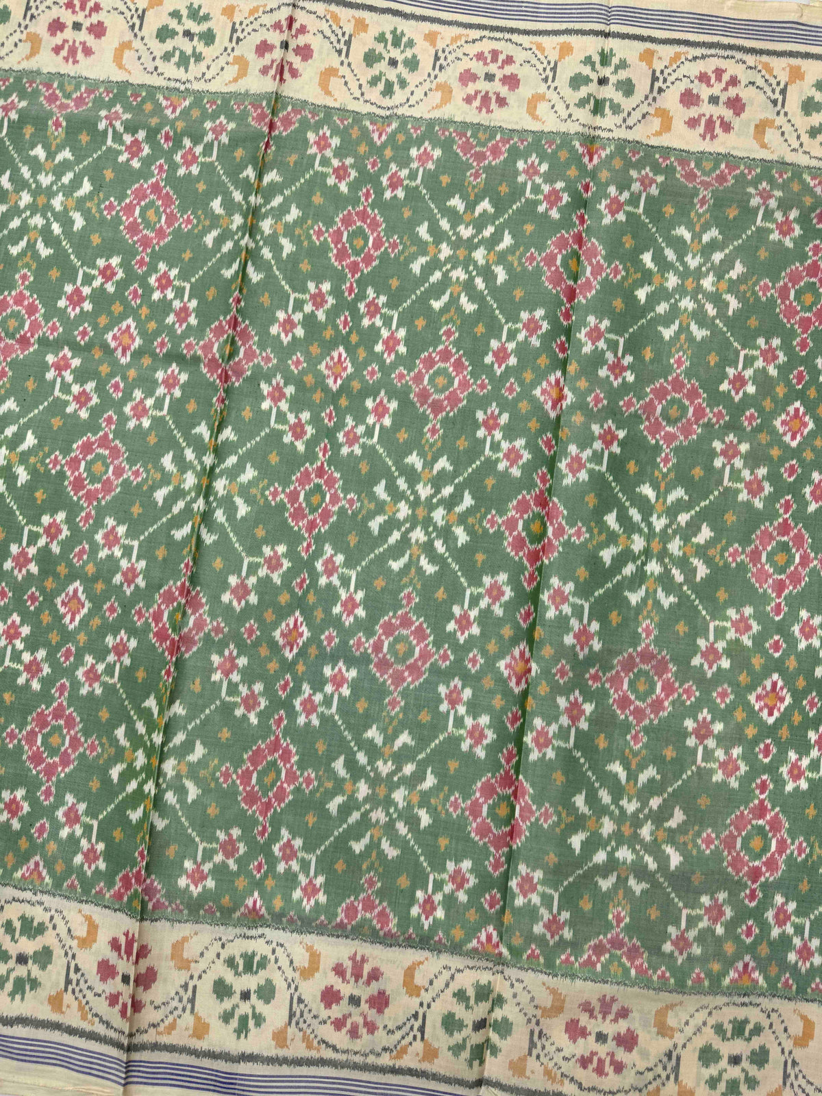 Off White & Light Green Navratan Single Ikat Patan Patola Saree