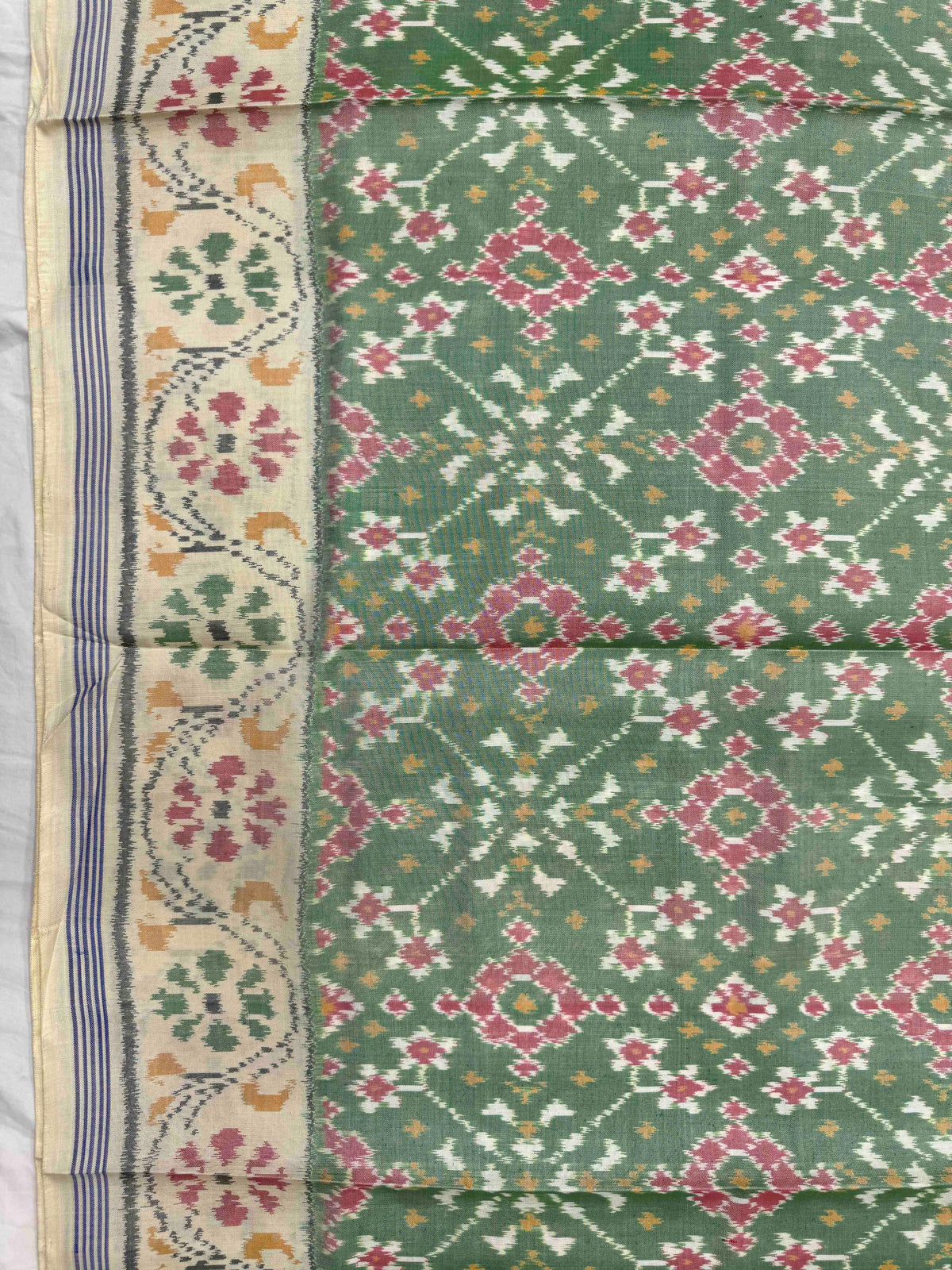 Off White & Light Green Navratan Single Ikat Patan Patola Saree