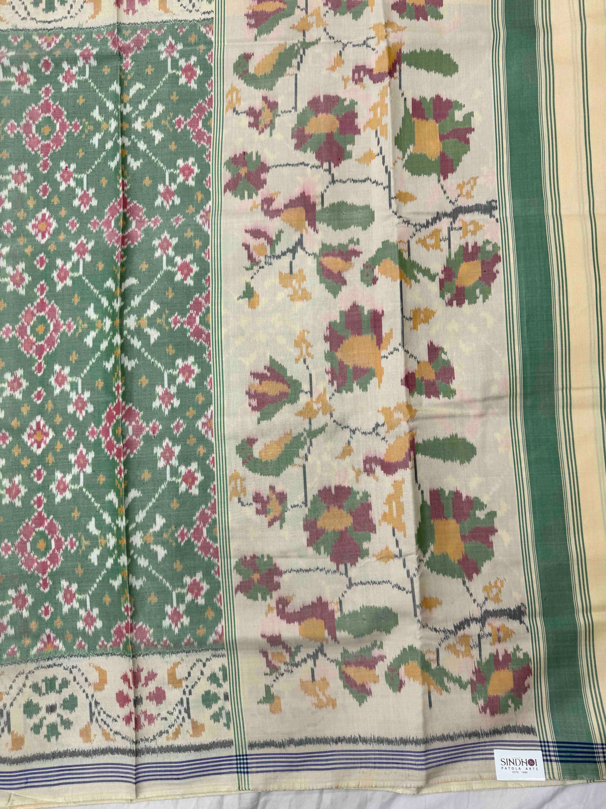 Off White & Light Green Navratan Single Ikat Patan Patola Saree