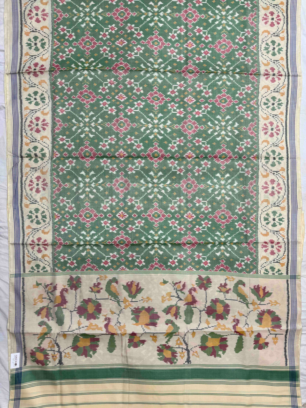 Off White & Light Green Navratan Single Ikat Patan Patola Saree