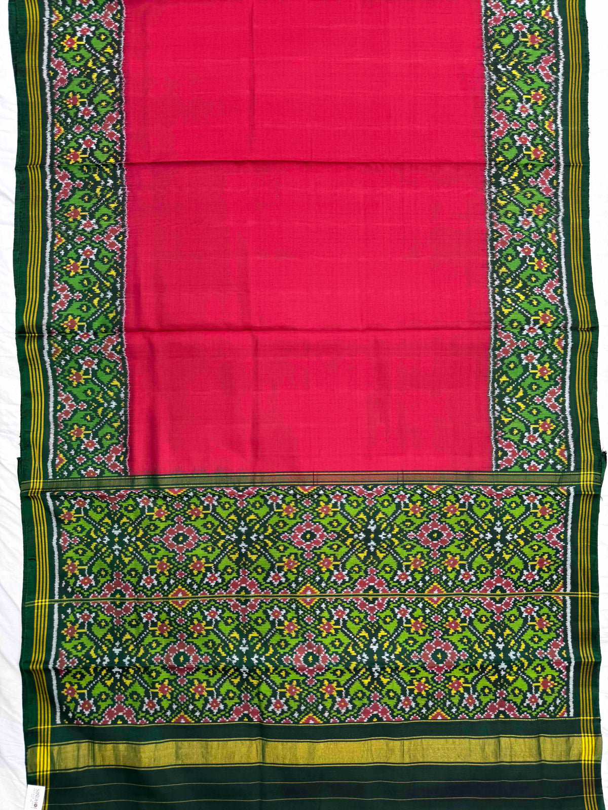 Green & Dark Pink Plain with Navratan Border Pallu Single Ikat Patan Patola Saree