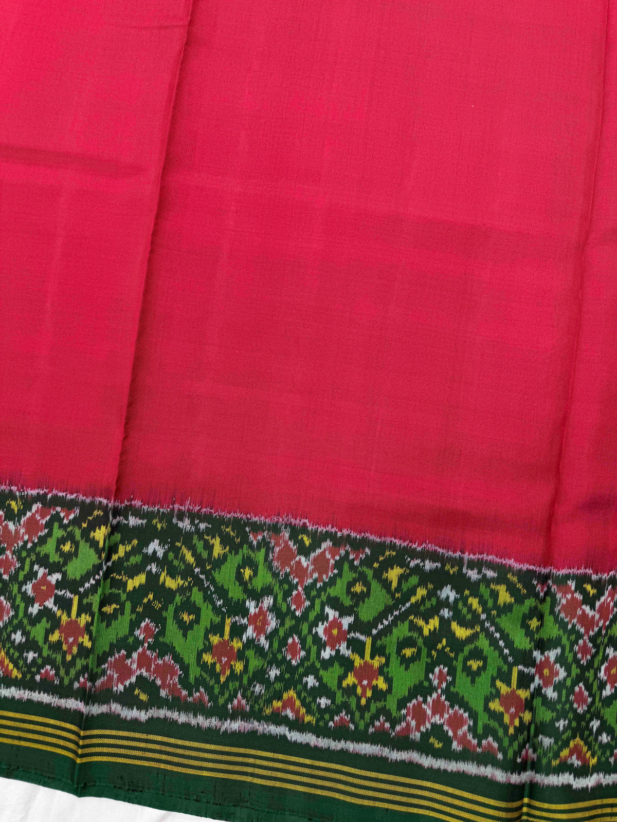 Green & Dark Pink Plain with Navratan Border Pallu Single Ikat Patan Patola Saree