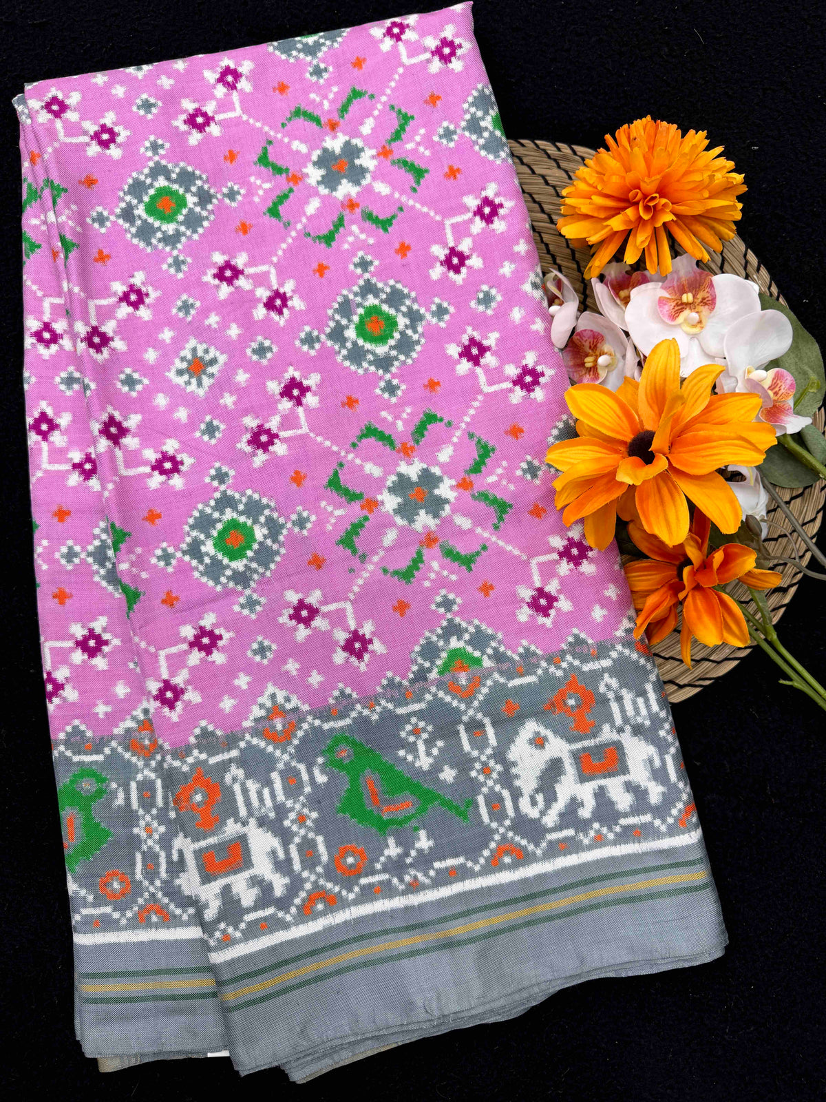 Grey & Light Pink Navratan Double Ikat Patan Patola Saree