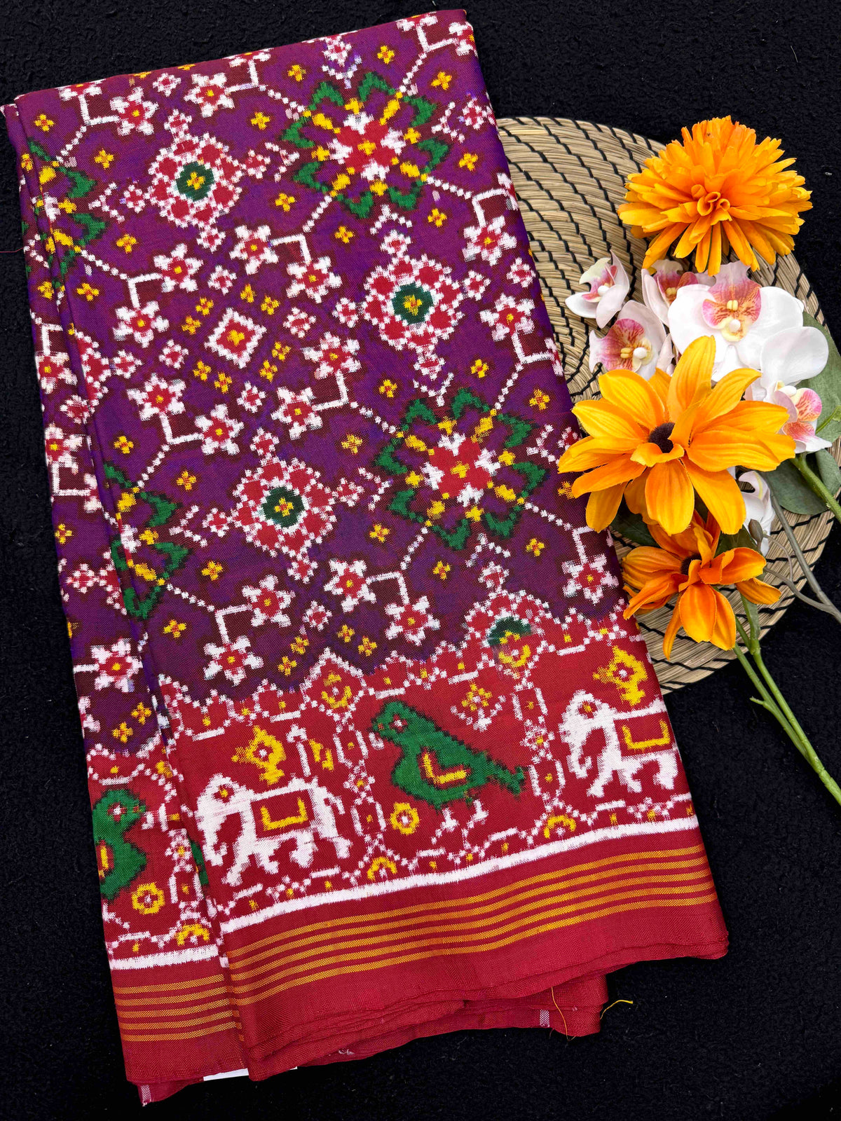 Red & Purple Navratan Double Ikat Patan Patola Saree