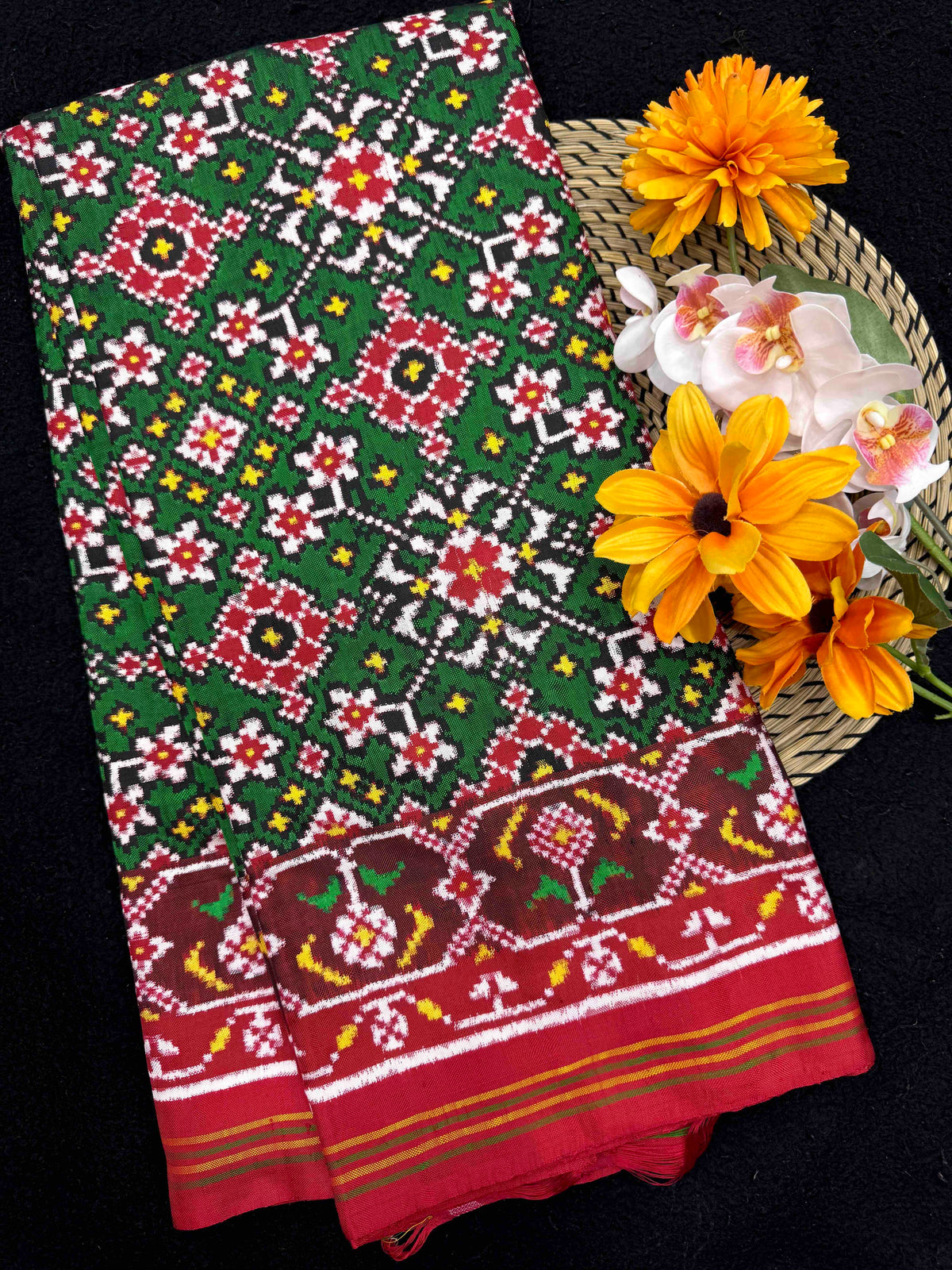 Red & Green Navratan Double Ikat Patan Patola Saree