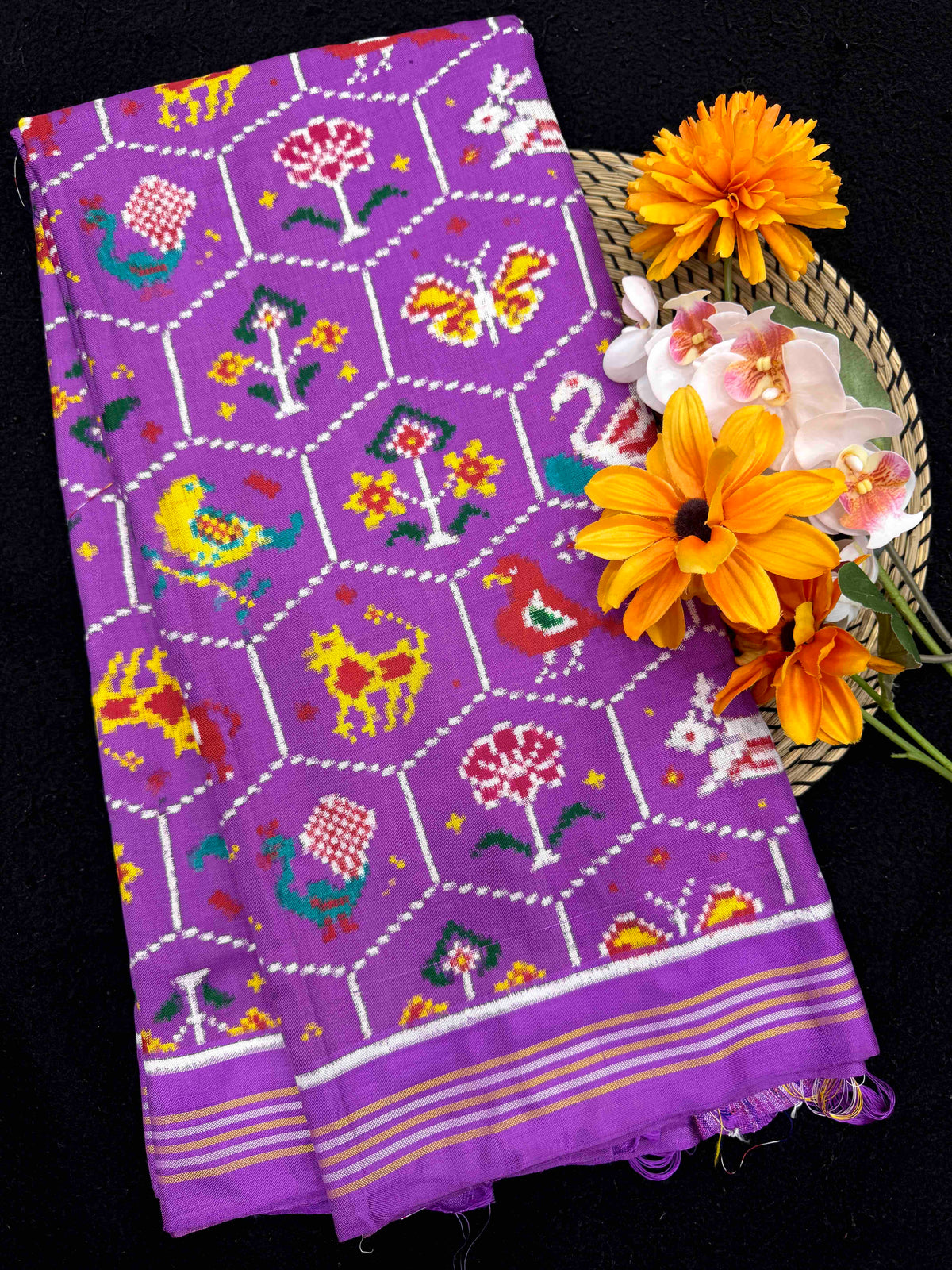 Purple Small Fancy Narikunj Double Ikat Patan Patola Saree