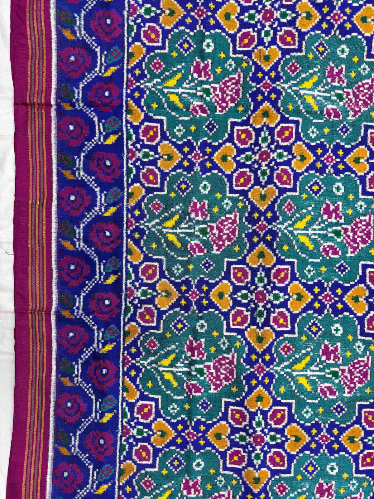 Pink & Turquoise Green Fancy Flower Double Ikat Patan Patola Saree