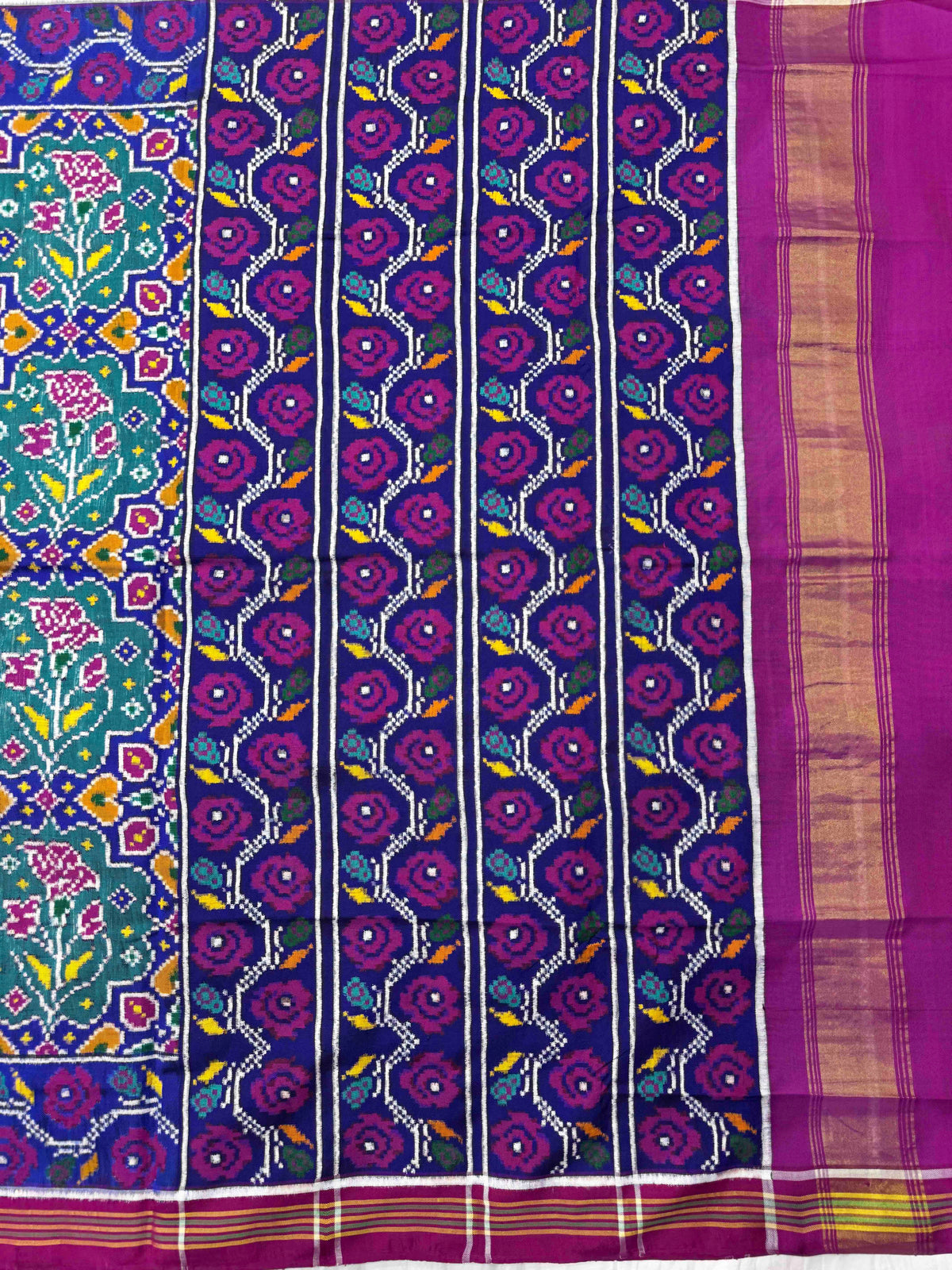 Pink & Turquoise Green Fancy Flower Double Ikat Patan Patola Saree