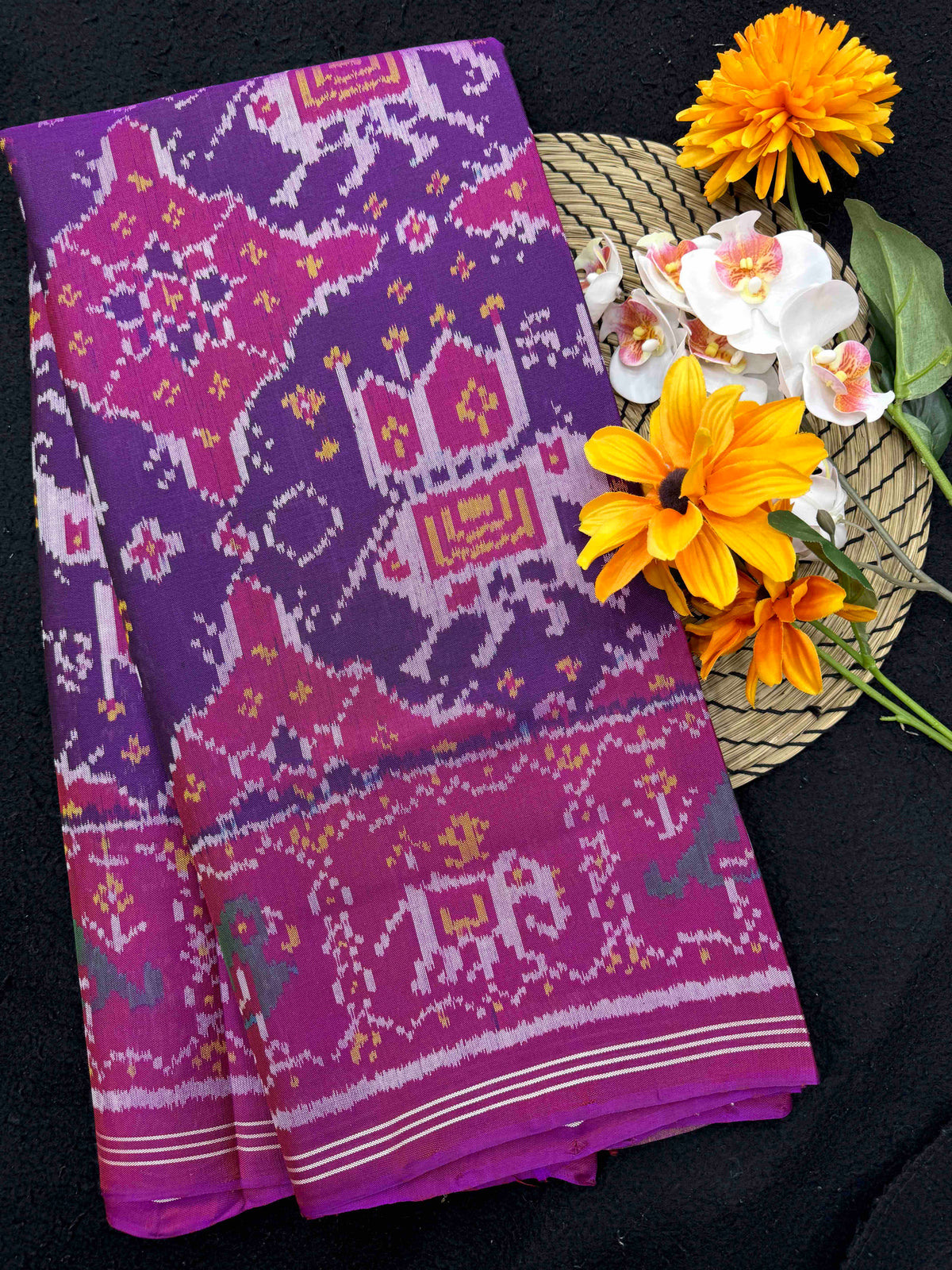 Magenta Purple Elephant Chhabdi Single Ikat Patan Patola Saree