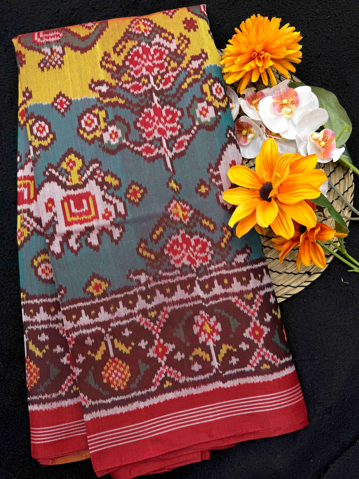 Red & Turquoise with Yellow Fancy Narikunj Single Ikat Patan Patola Saree