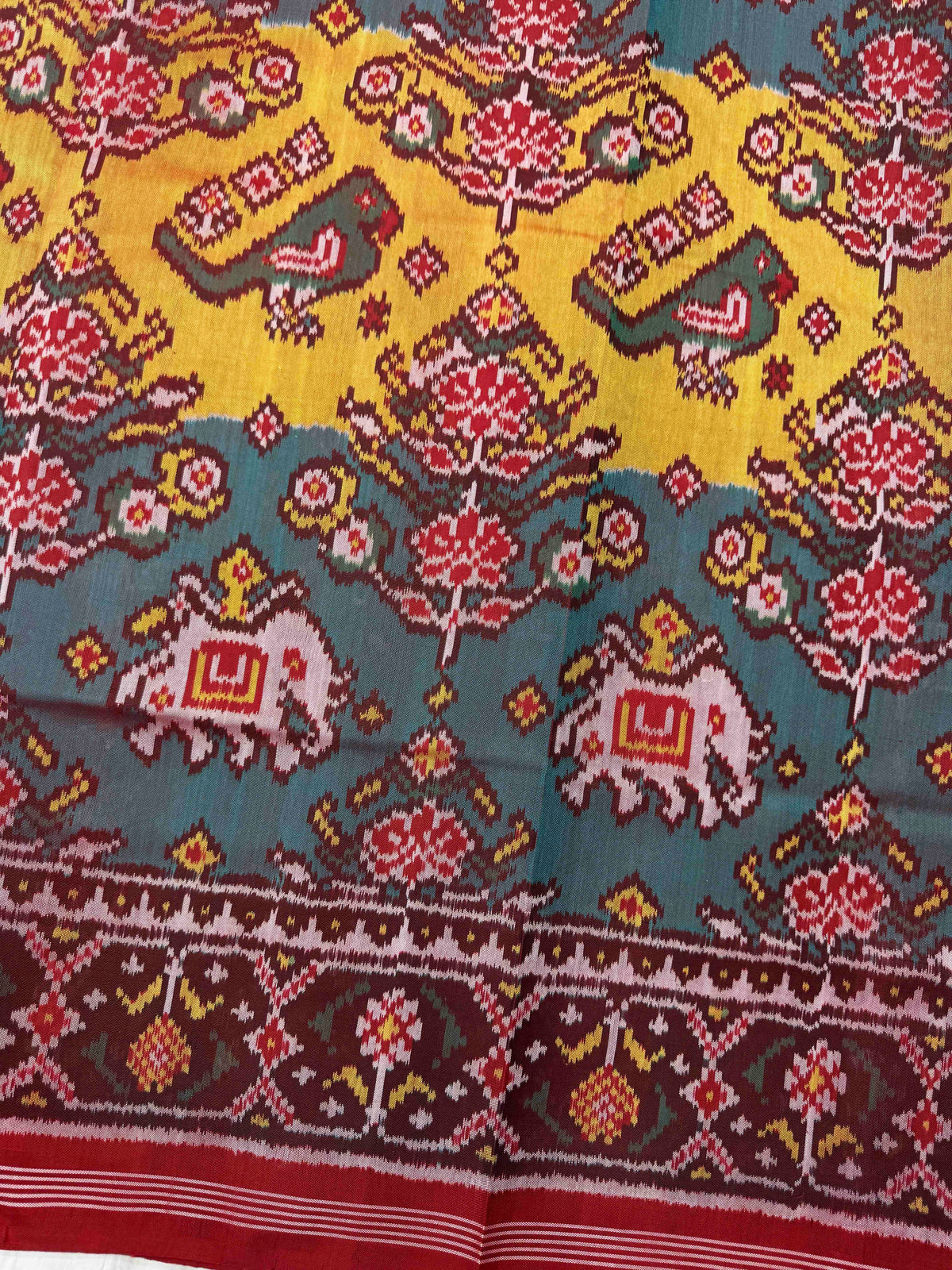 Red & Turquoise with Yellow Fancy Narikunj Single Ikat Patan Patola Saree