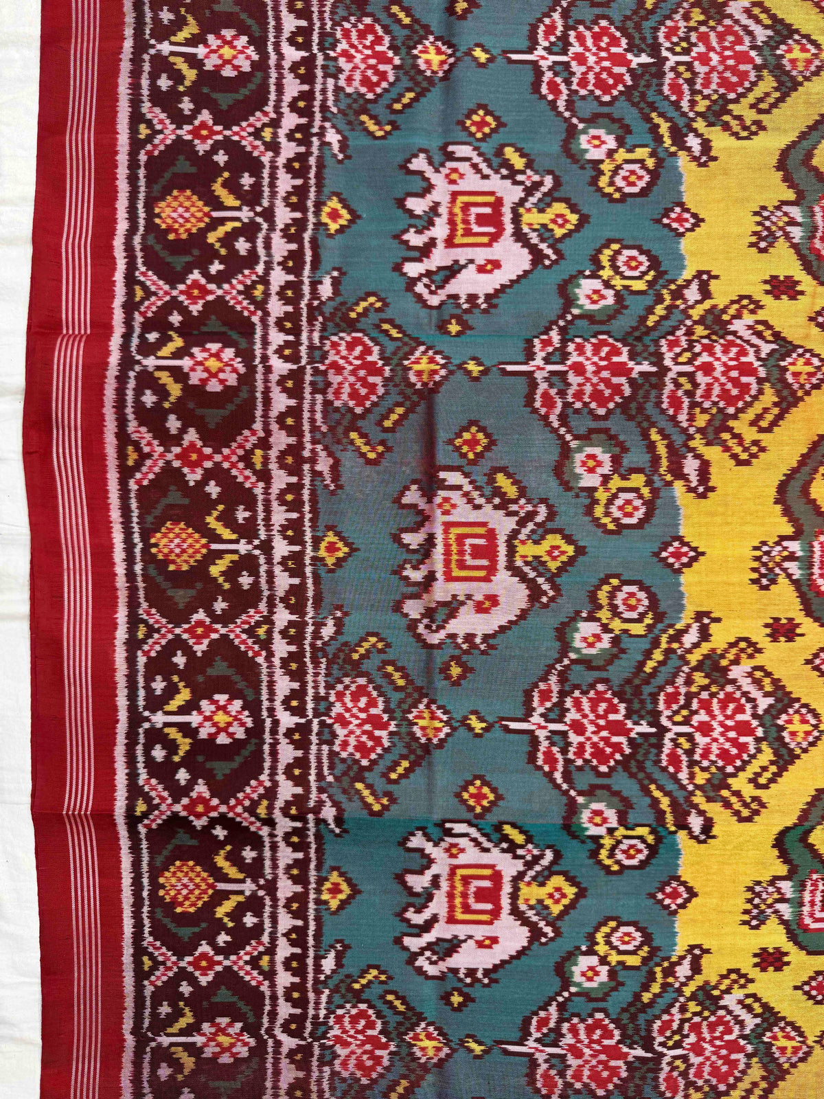 Red & Turquoise with Yellow Fancy Narikunj Single Ikat Patan Patola Saree