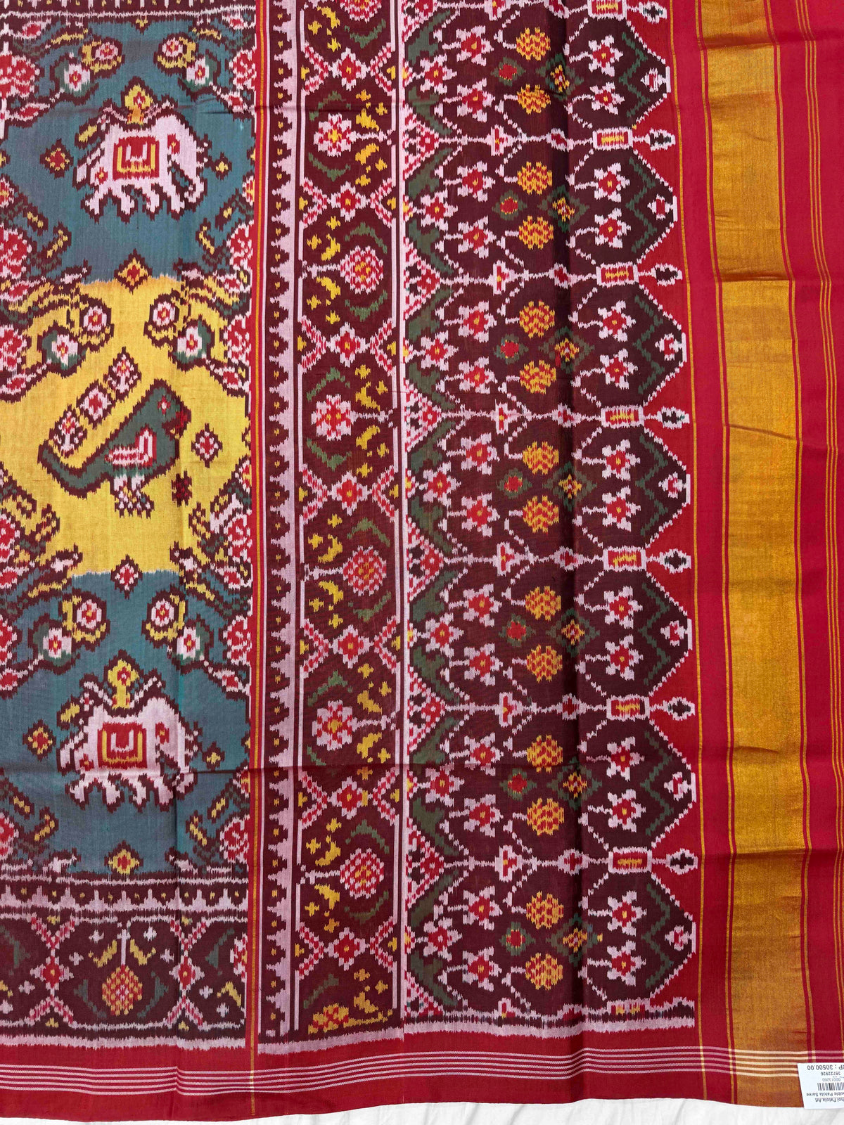 Red & Turquoise with Yellow Fancy Narikunj Single Ikat Patan Patola Saree