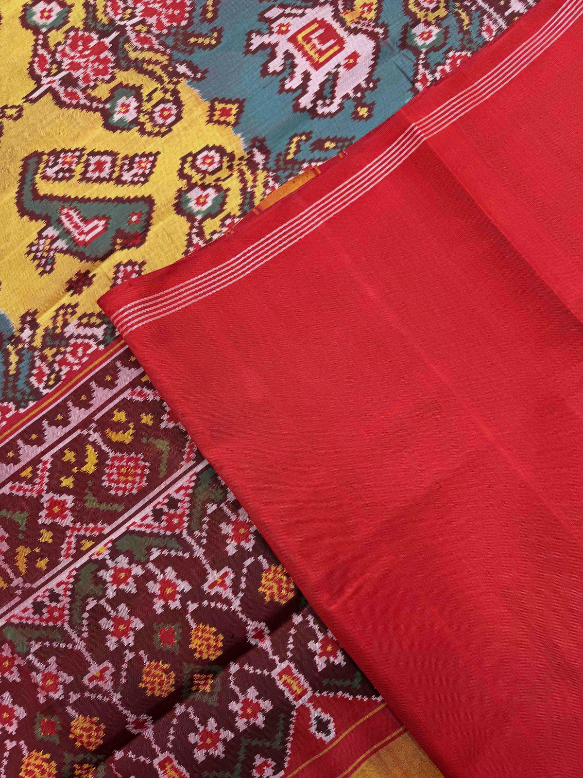 Red & Turquoise with Yellow Fancy Narikunj Single Ikat Patan Patola Saree