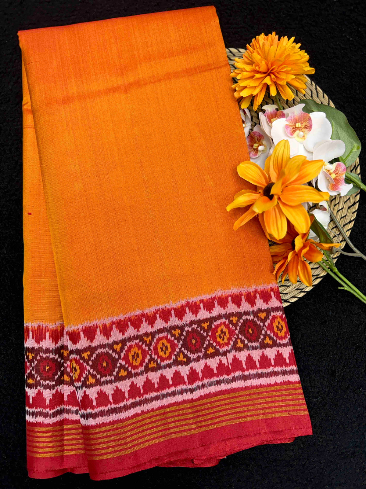 Red & Mustard Plain Single Ikat Patan Patola Saree