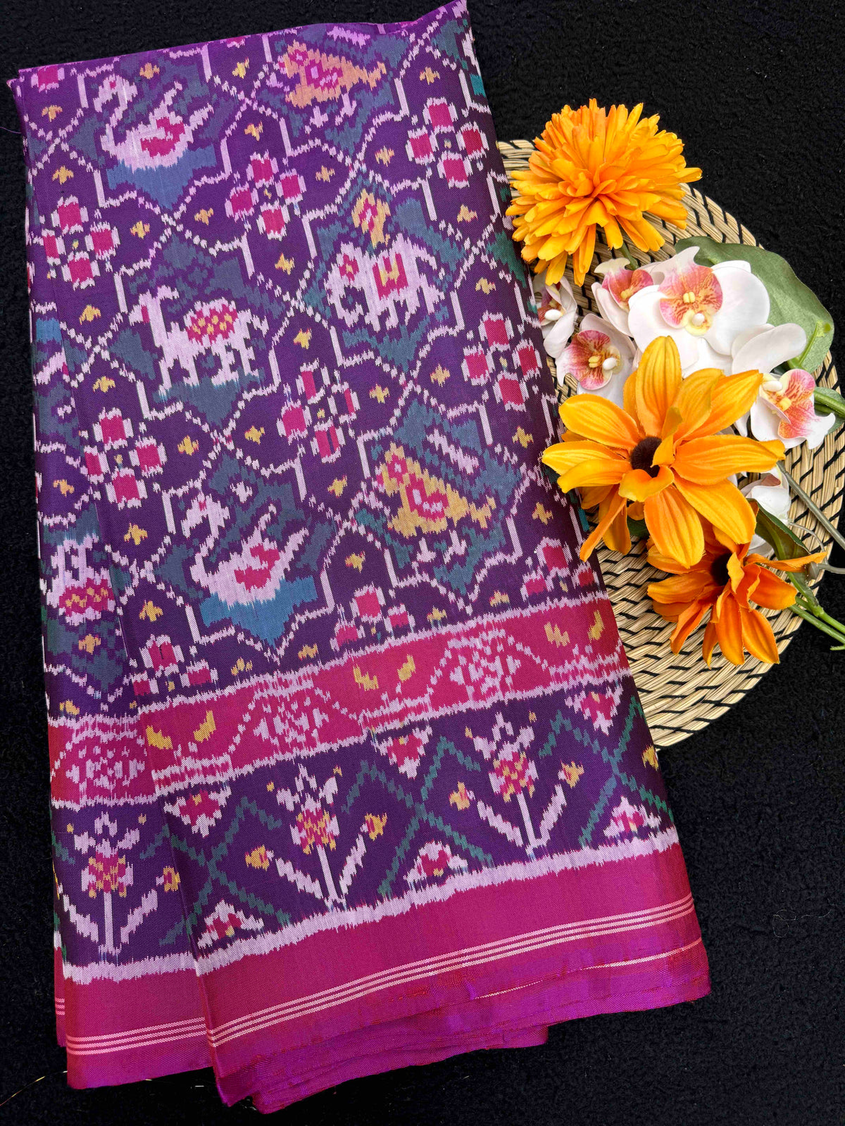 Pink & Turquoise Small Narikunj Star Single Ikat Patan Patola Saree