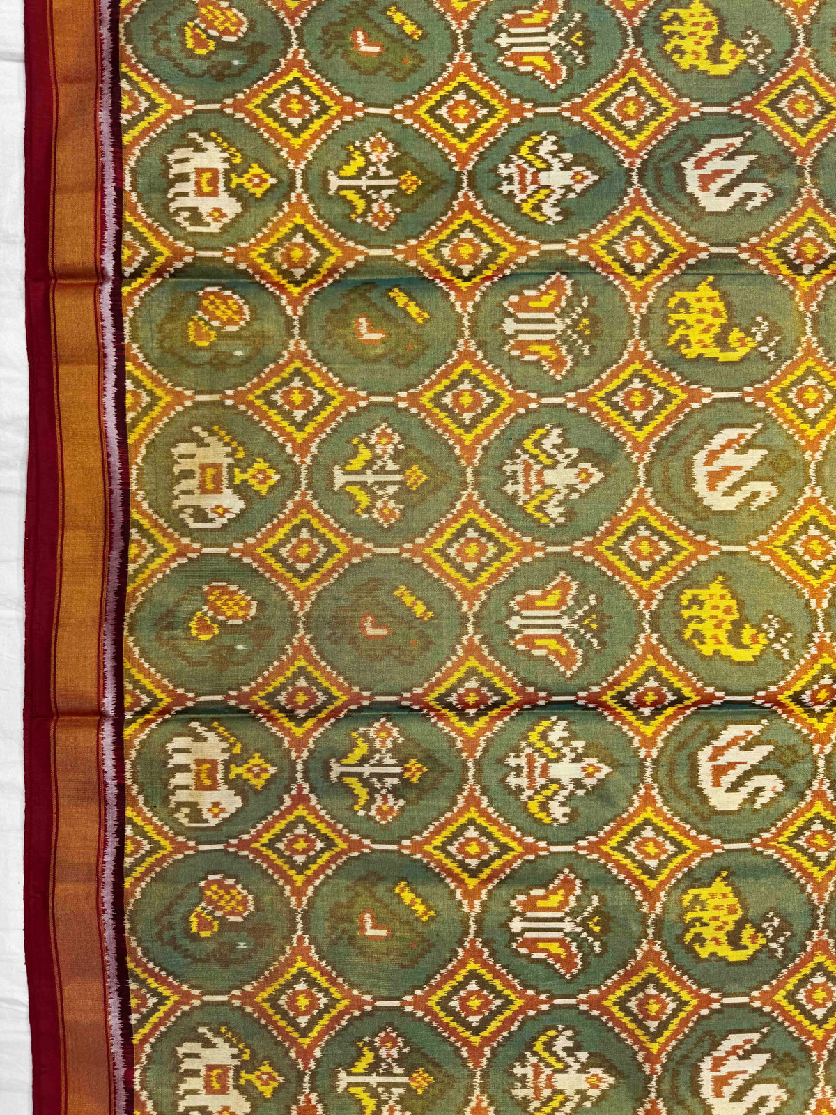 Red & Golden with Turquoise Small Narikunj Circle Tissue Patola Saree