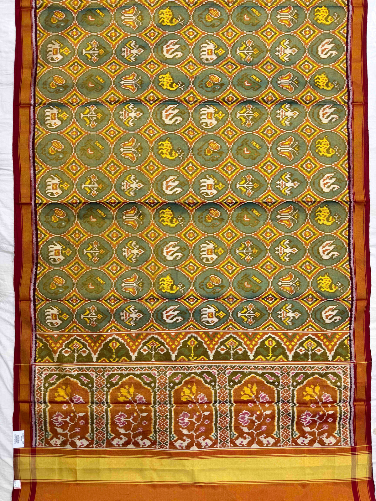 Red & Golden with Turquoise Small Narikunj Circle Tissue Patola Saree