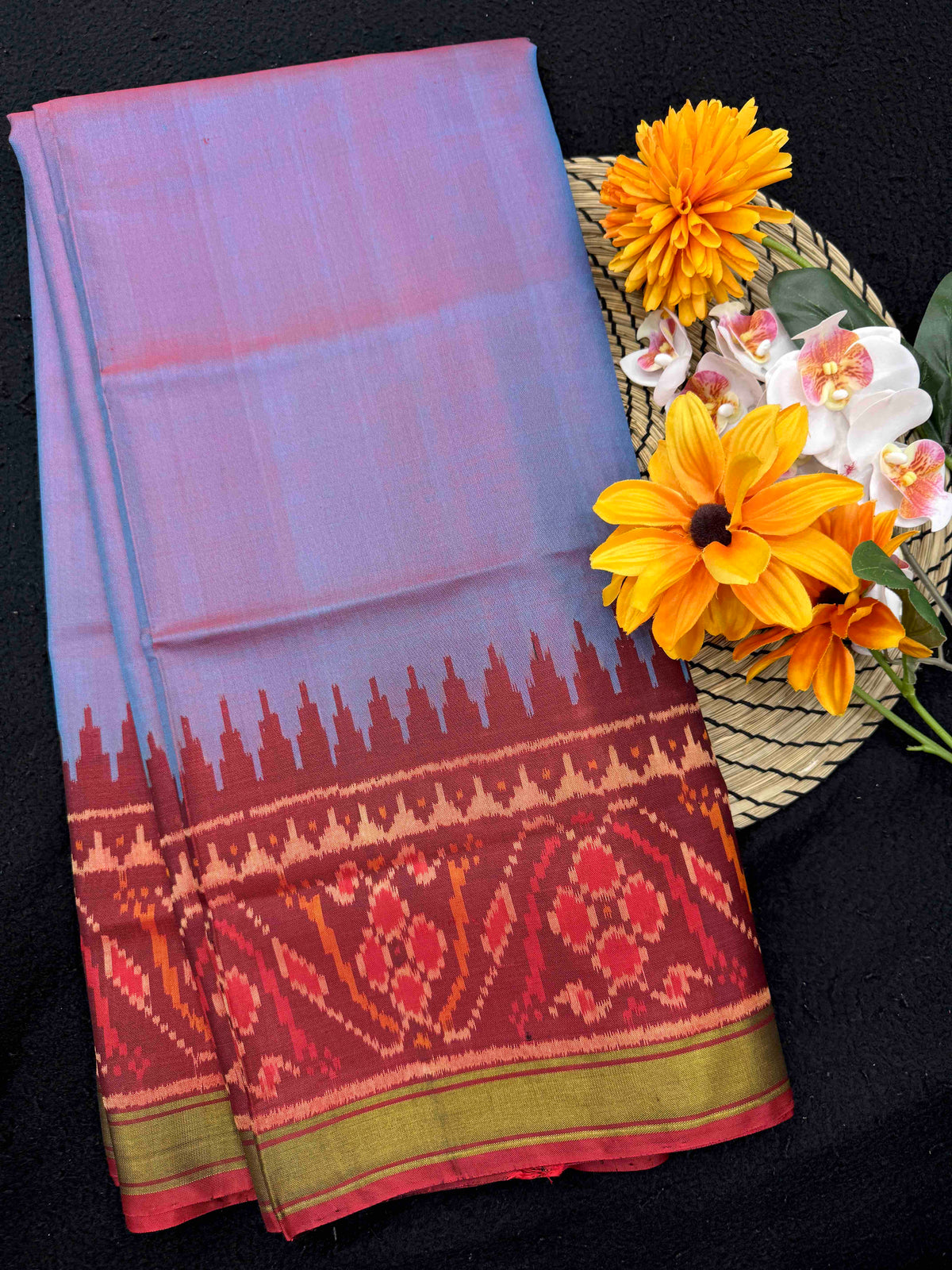 Maroon & Sky Blue Plain Rajkot Patola Saree