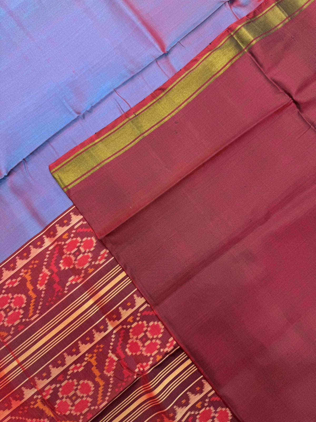 Maroon & Sky Blue Plain Rajkot Patola Saree