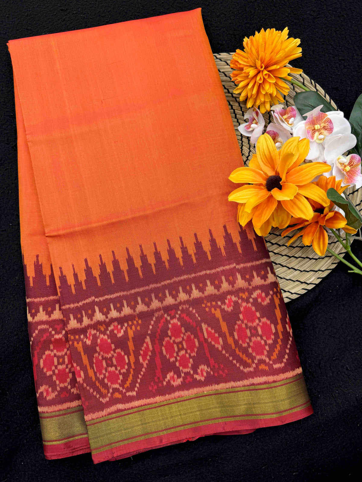 Maroon & Orange Plain Rajkot Patola Saree