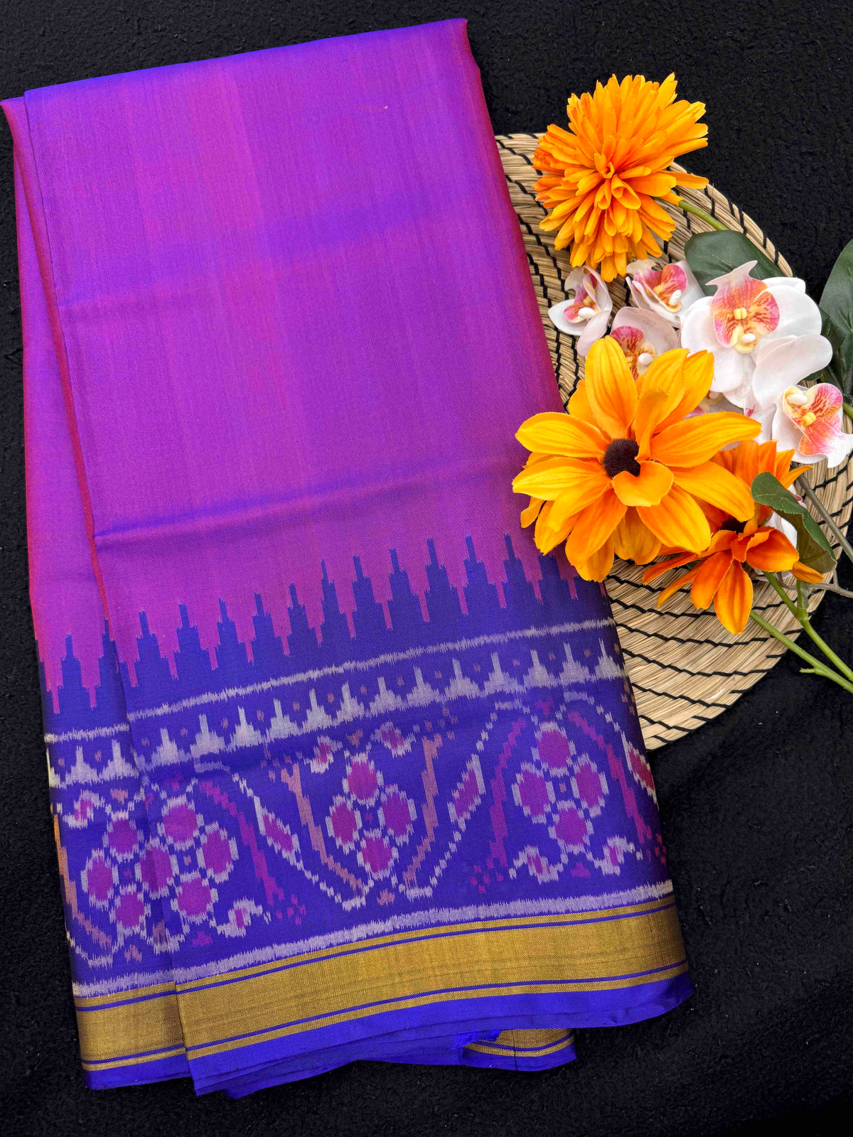 Blue & Pink Plain Rajkot Patola Saree