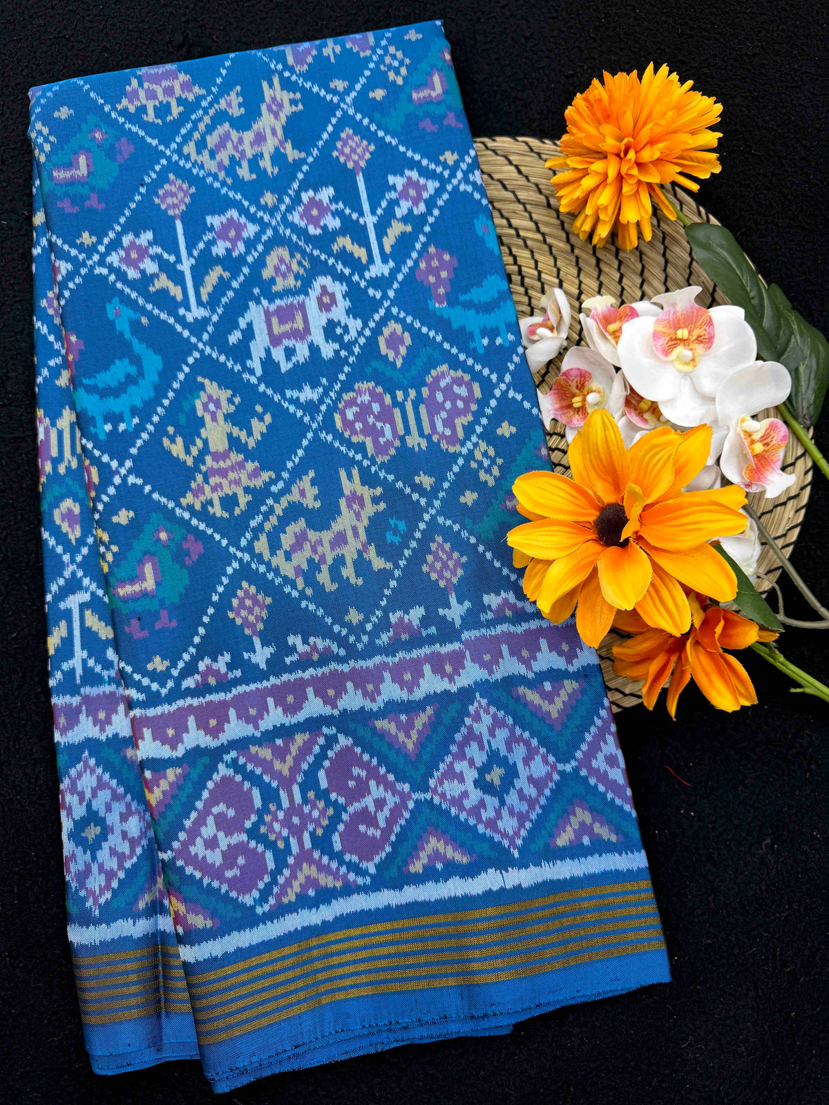 Turquoise Blue Small Narikunj Single Ikat Patan Patola Saree