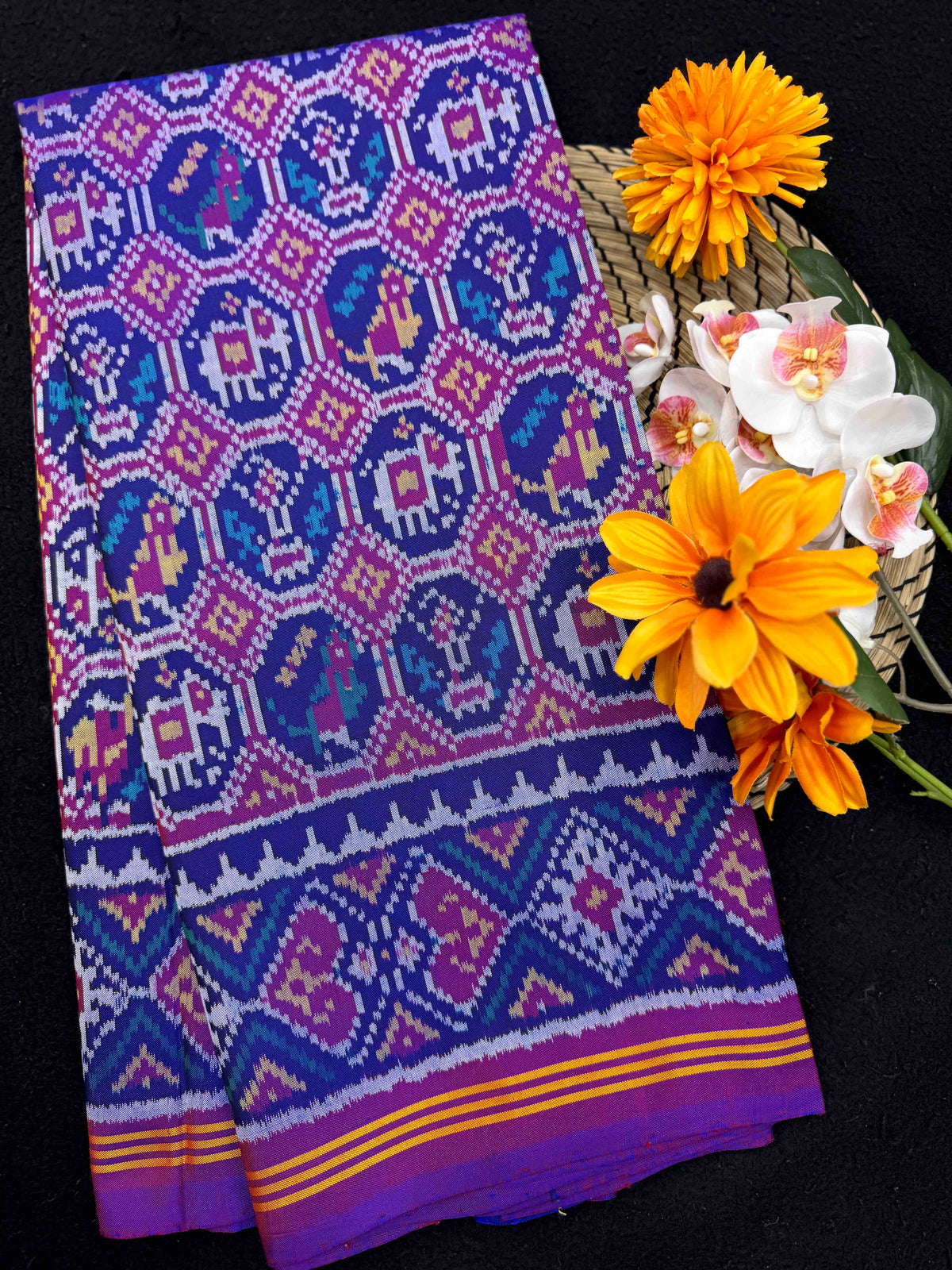 Purple & Blue Small Narikunj Single Ikat Patan Patola Saree