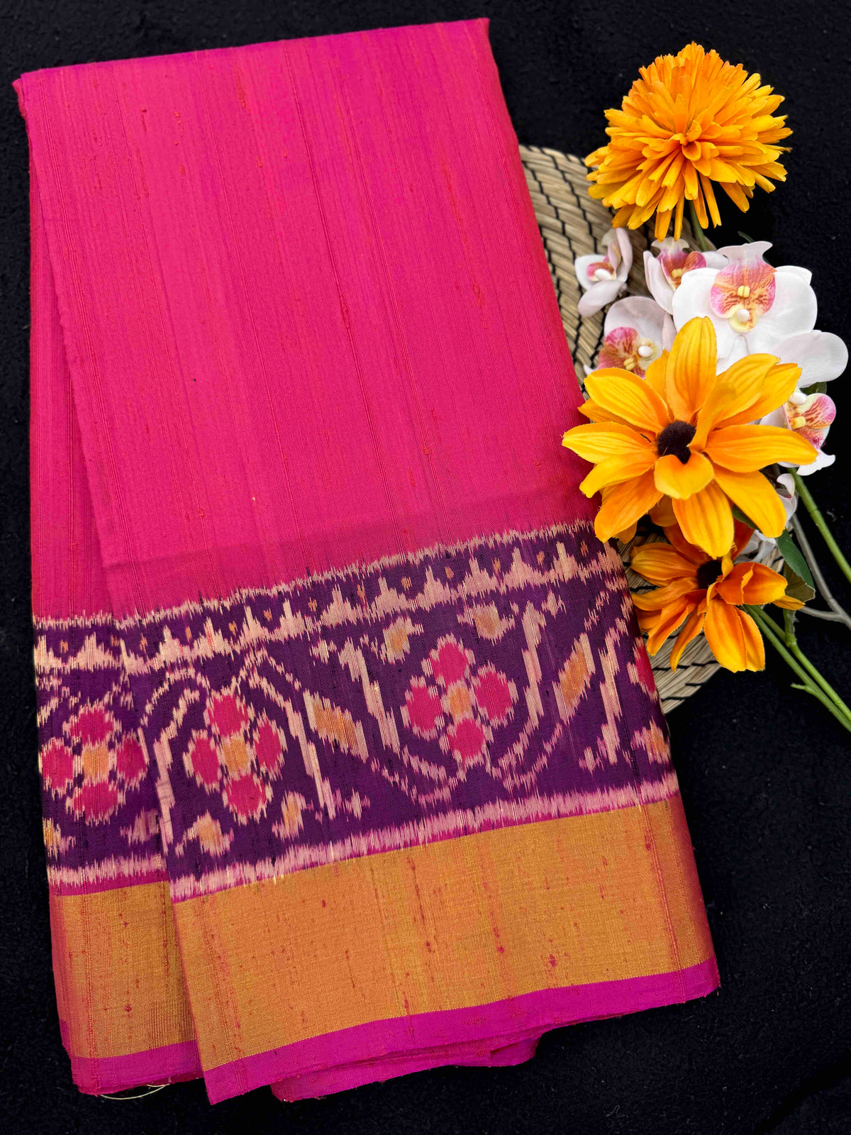 Magenta Pink Plain Raw Silk Rajkot Patola Saree