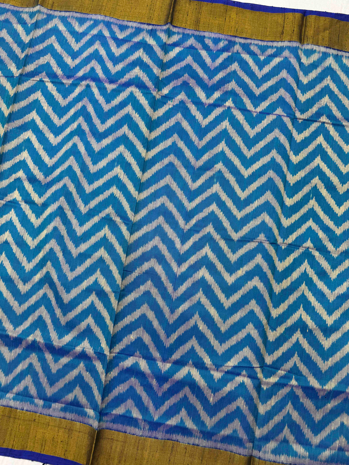 Blue & Turquoise Blue Zig Zag Raw Silk Rajkot Patola Saree