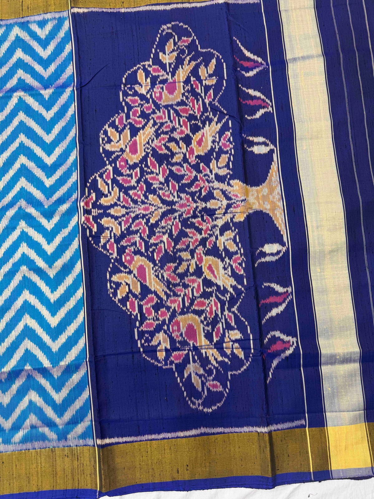 Blue & Turquoise Blue Zig Zag Raw Silk Rajkot Patola Saree